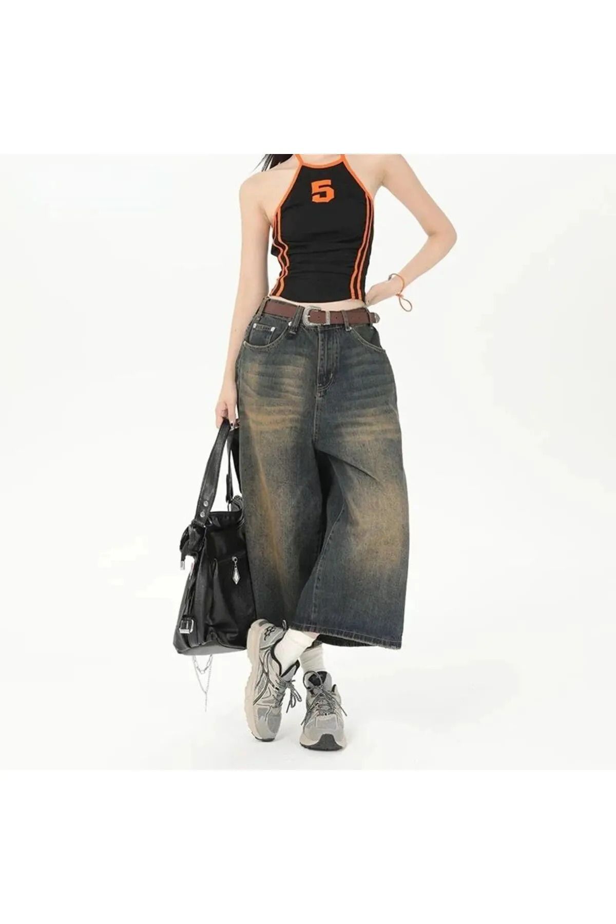 Gofeel Kahverengi Baggy Oversize Laxed Yıkamalı Unisex Kot Şort