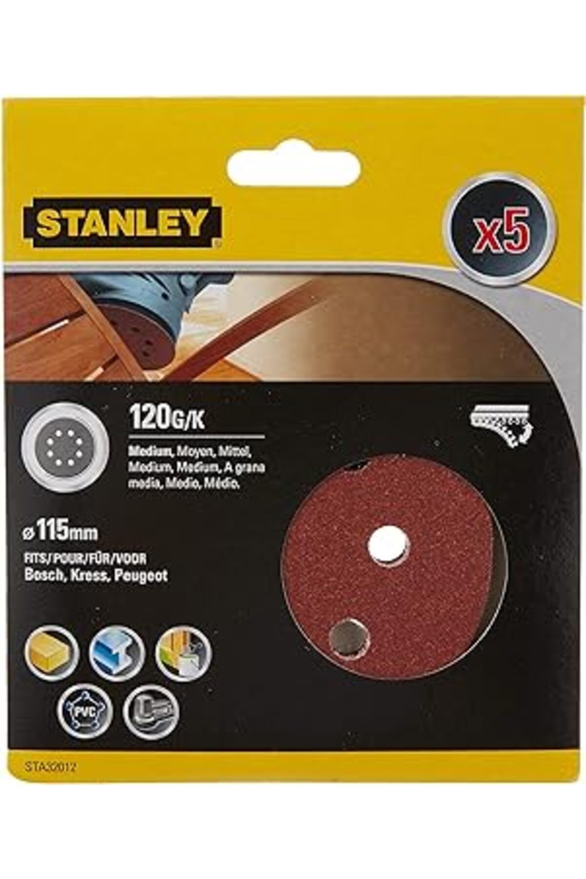 Stanley Sta32007 Zımpara, Kırmızı, 5 Adet, 80G 115 mm  120G