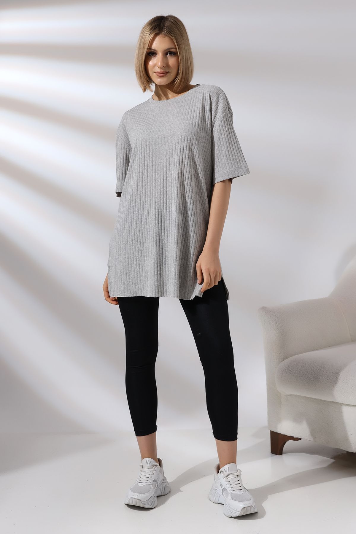 Endies Oversize Yırtmaçlı Raporlu Tunik T-shirt 21493 GRİMELANJ