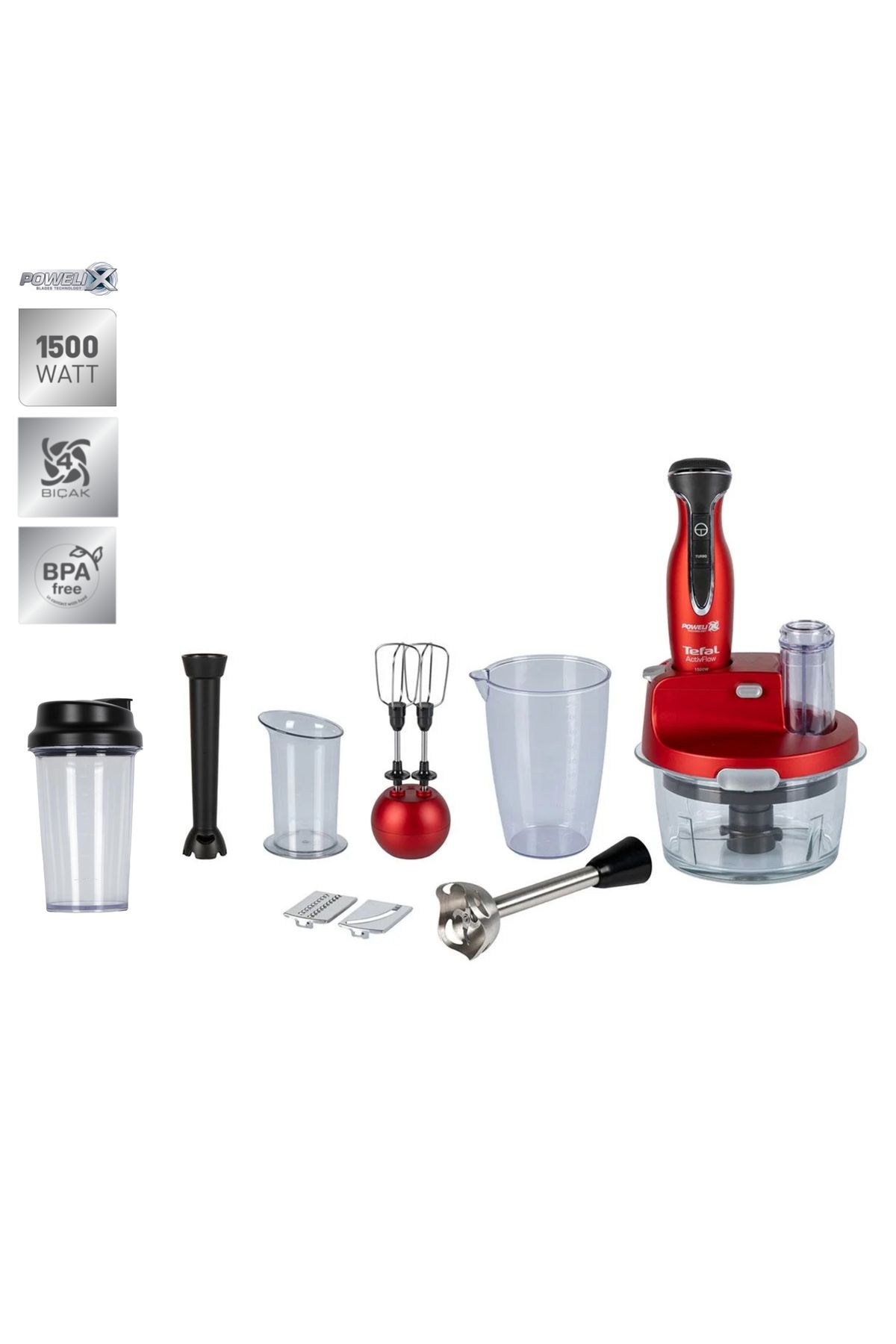 TEFAL CAM HAZNELİ POWELIX ULTRA KESKİN 4 Lü BIÇAK TEKNOLOJİSİNE SAHİP PREMİUM 1500 WATT BLENDER SETİ