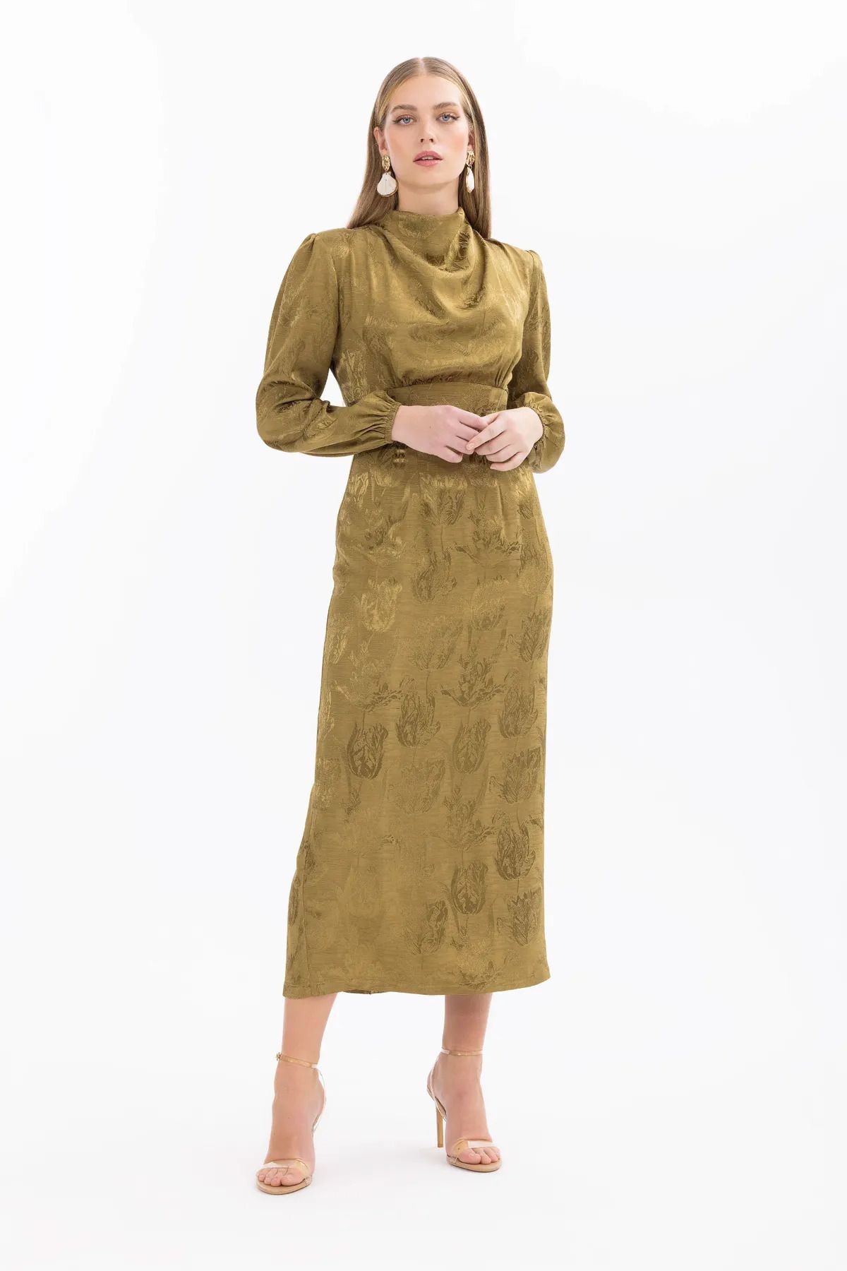 SEÇİL Kadın Çiçek Desenli Uzun Kol Elbise-Olive