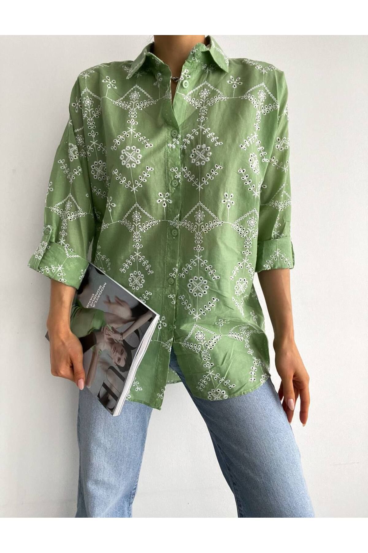 Pienk Brode İşlemeli İndigo Yeşil Kadın Gömlek