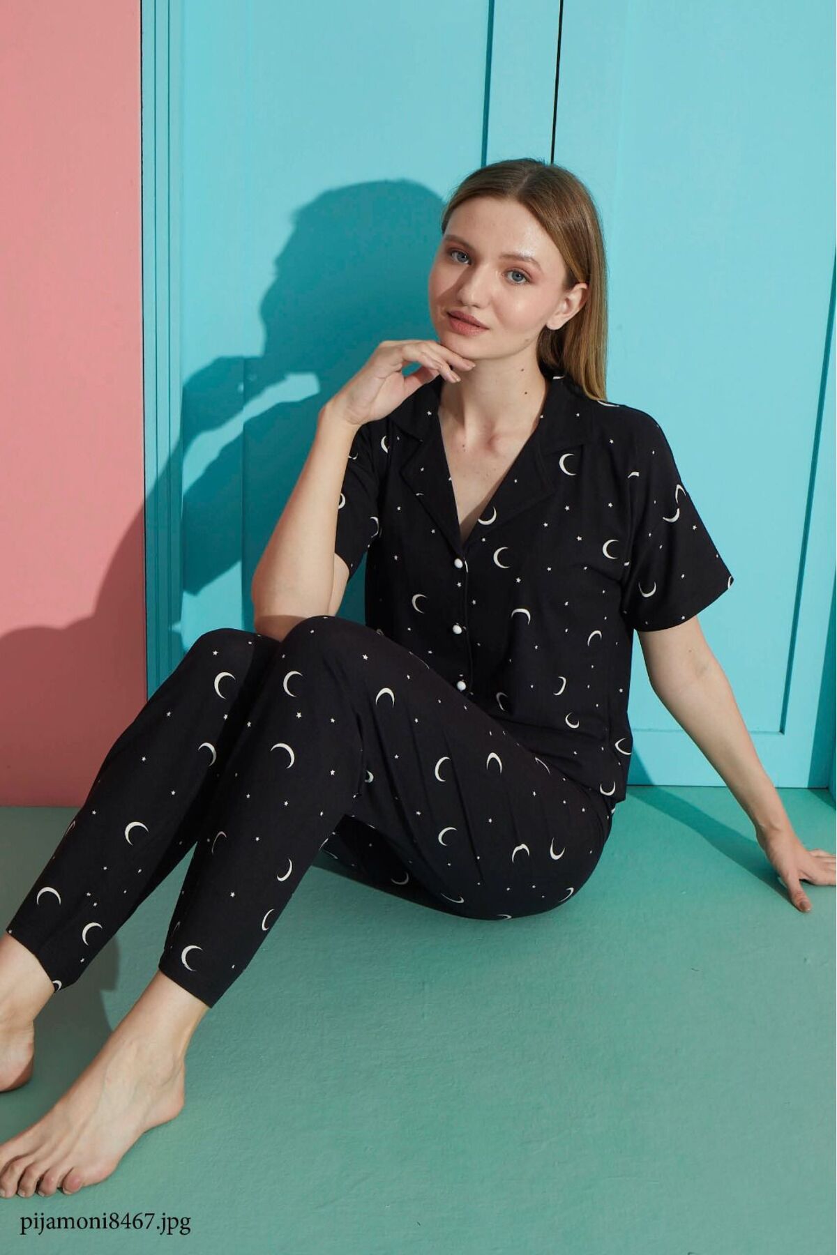 Pijamoni Kısa Kollu Milan Gömlek Yaka Kadın Pijama Takımı