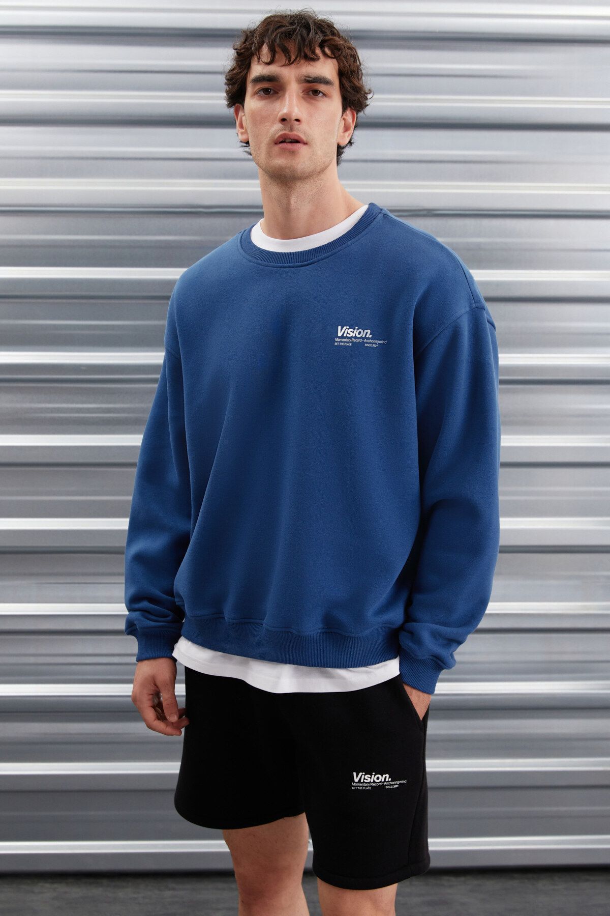 GRIMELANGE Ernest Erkek Yumuşacık Kumaşlı Oversize Fit Yuvarlak Yakalı Baskılı Mavi Sweatshirt