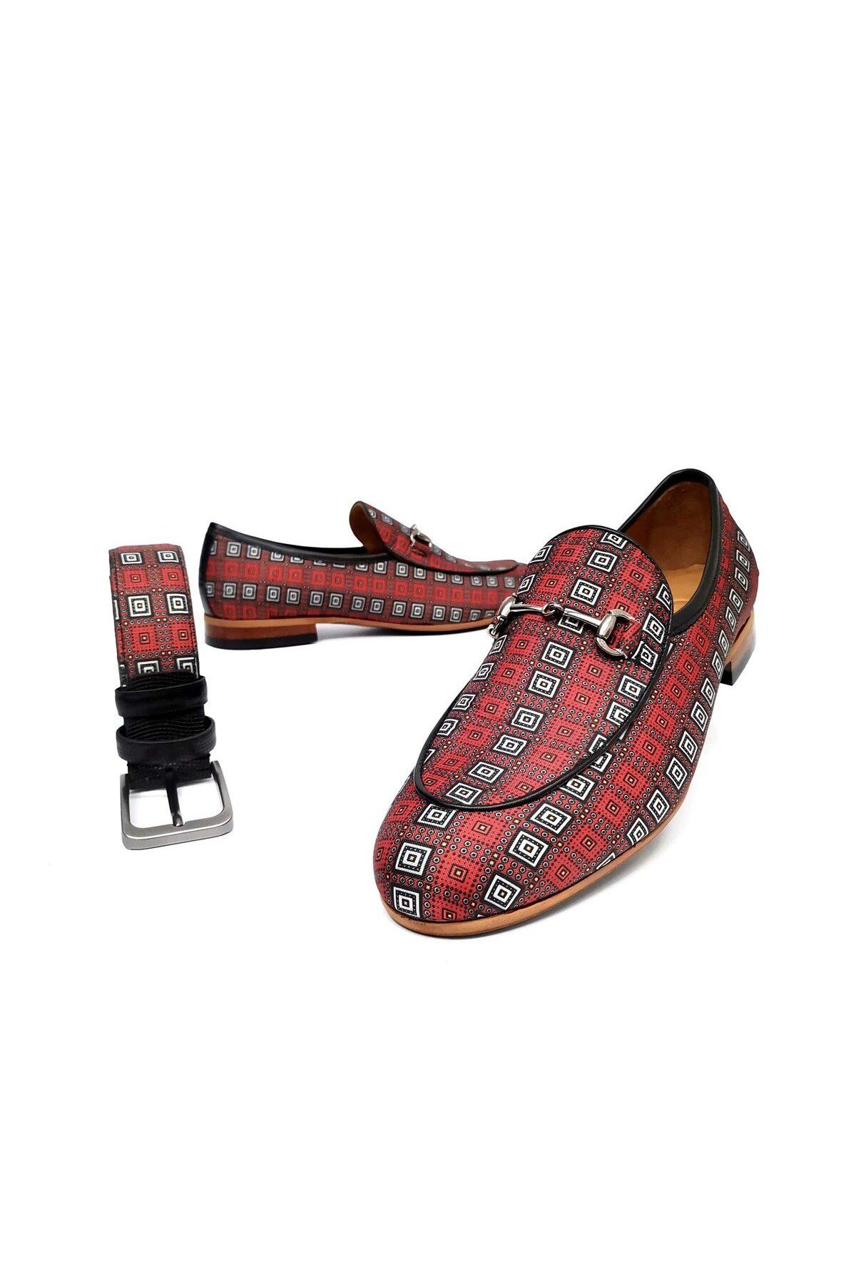 CassidoShoes Hakiki Deri Kırmızı Beyaz Kareli Zincir Detaylı Erkek Keten Ayakkabı Ve Kemer Set 022-3233