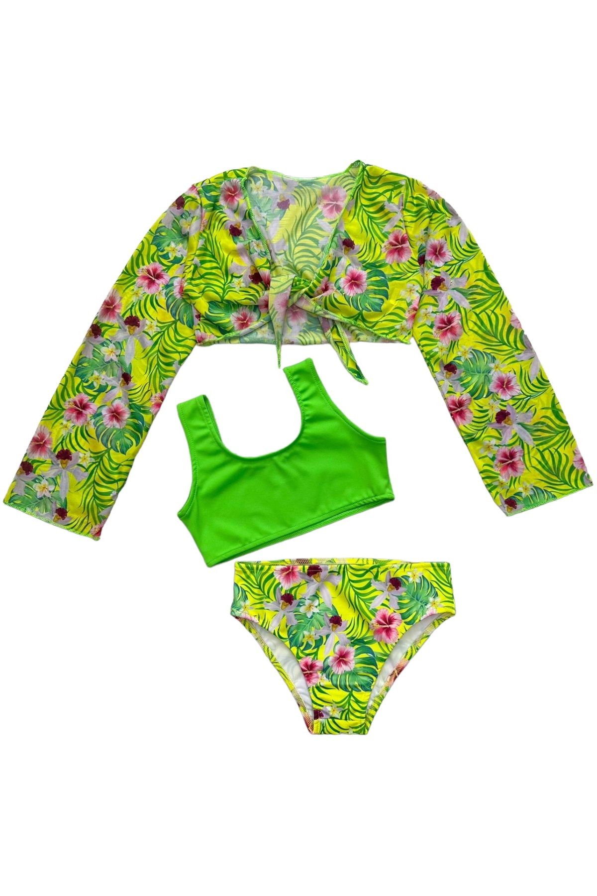 Lolliboomkids Yeni Sezon Kız Çocuk Neon Yeşil Renk Çiçek Desen Bolero / Pareolu Bikini Takımı 3'lü Set