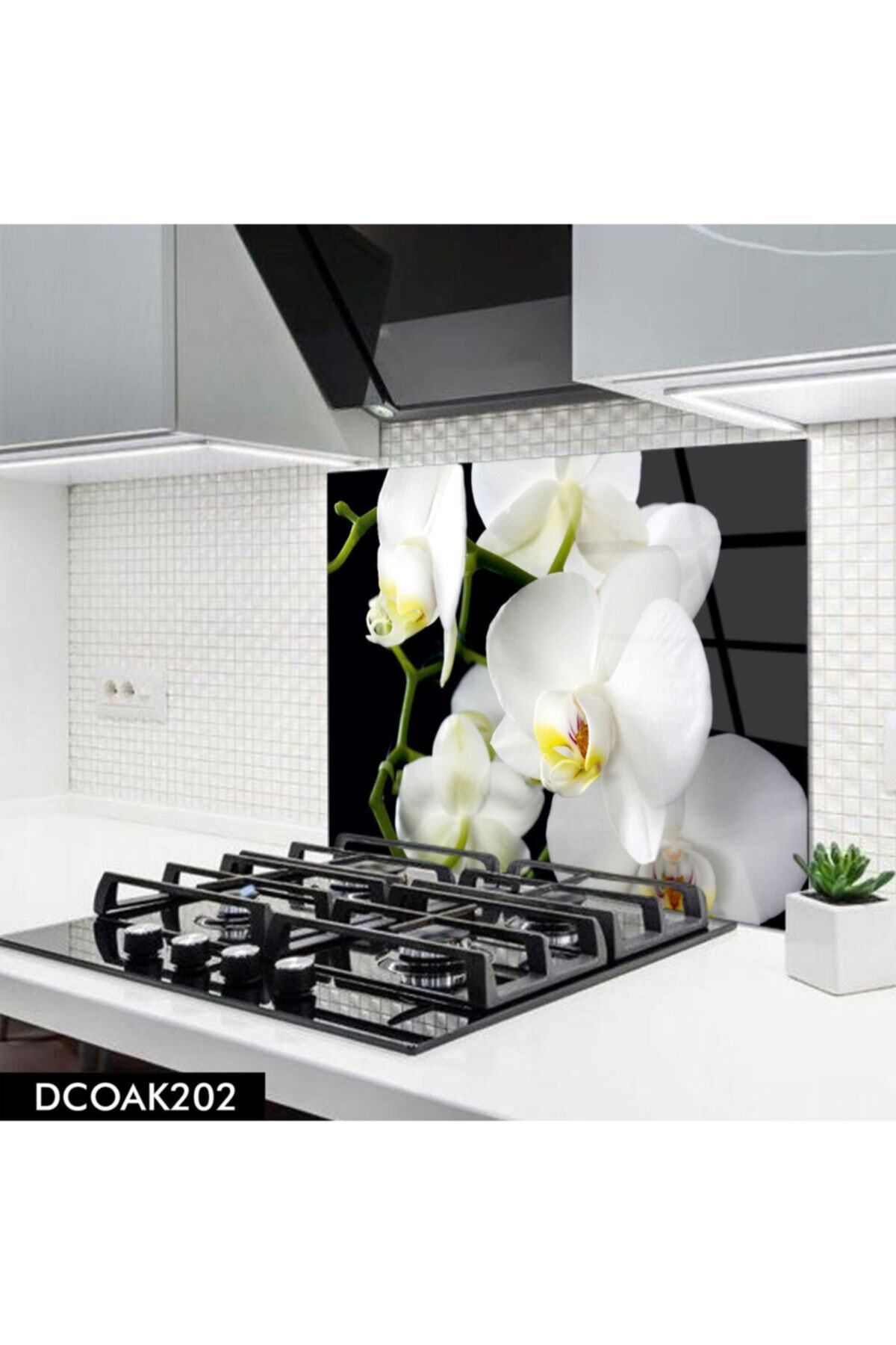 Pi Dekorasyon Cam Ocak Arkası Koruyucu | Beyaz Çiçek Orkide