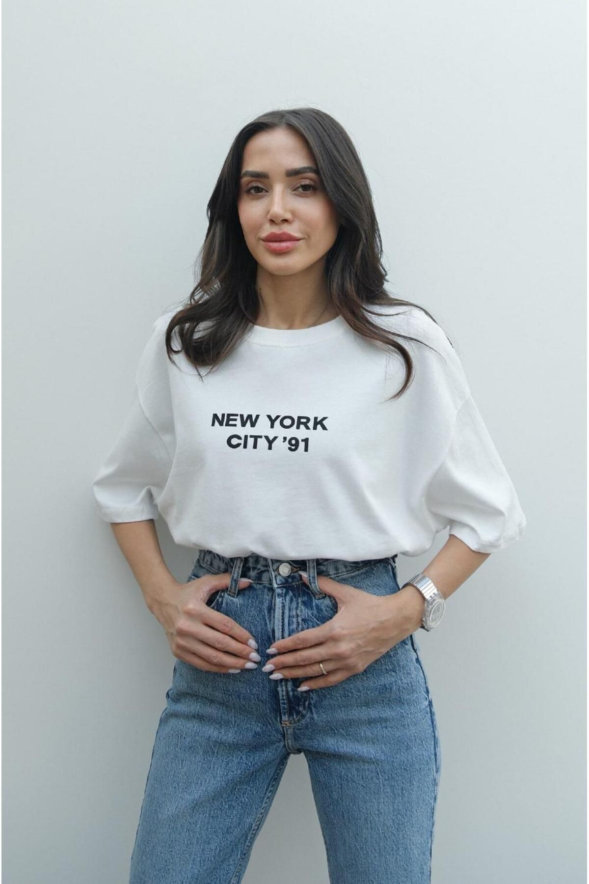 Havoş New York City Baskılı Beyaz Tişört