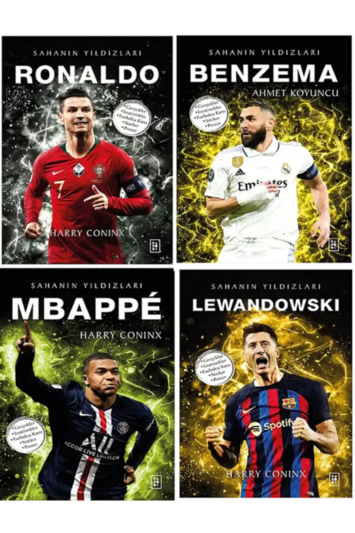 Dokuz Yayınları Sahanın Yıldızları RONALDO BENZEMA MBAPPE LEWANDOWSKI (Poster Sticker Futbolcu Kartı HEDİYE) 4 KİTAP
