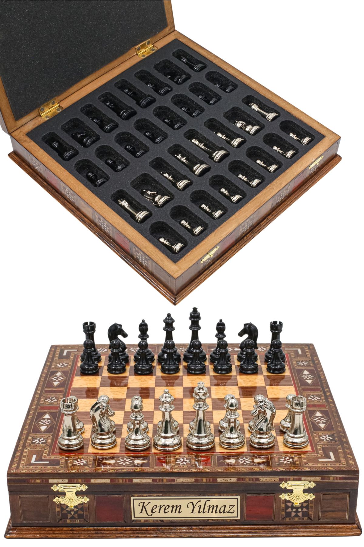 Cooper Chess Premium 30cm Masif Ahşap Ceviz Kutulu Metal Satranç Takımı Siyah Gümüş Staunton Klasik Satranç