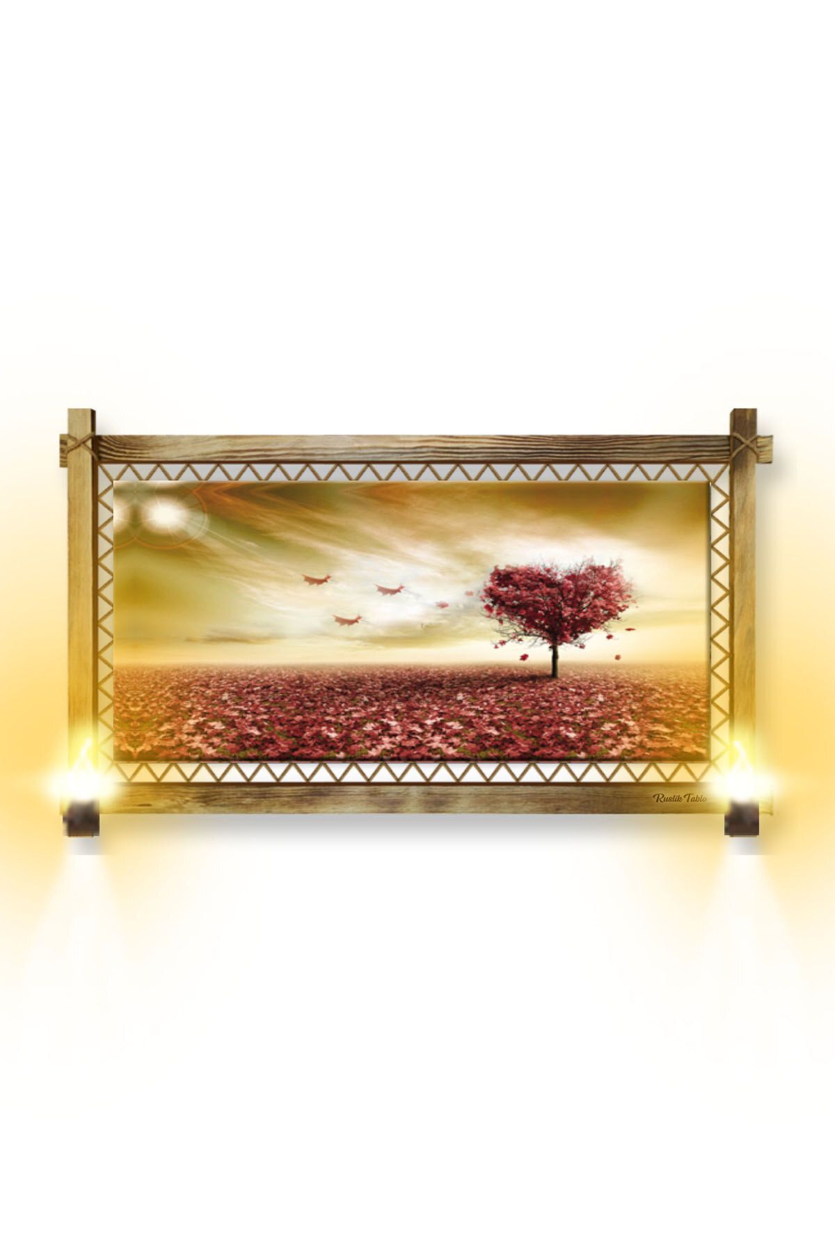 Genel Markalar CLZ104  RUSTİK IŞIKLI Kalp Ağaç Kanvas Rustik Tablo O  (96 x 66) cm