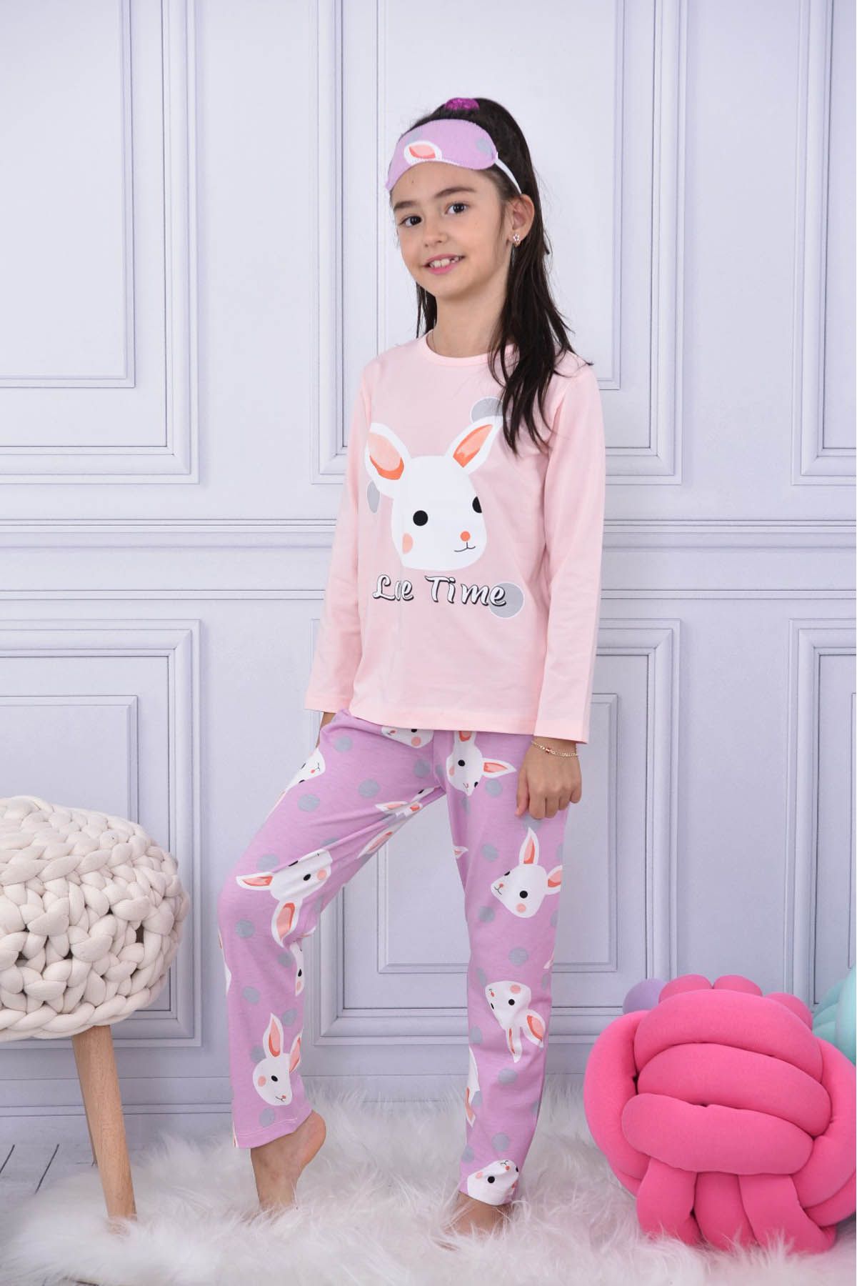 Cansın Mini Pembe Tavşanlı Puantiyeli Kız Çocuk Pijama Takımı 17027