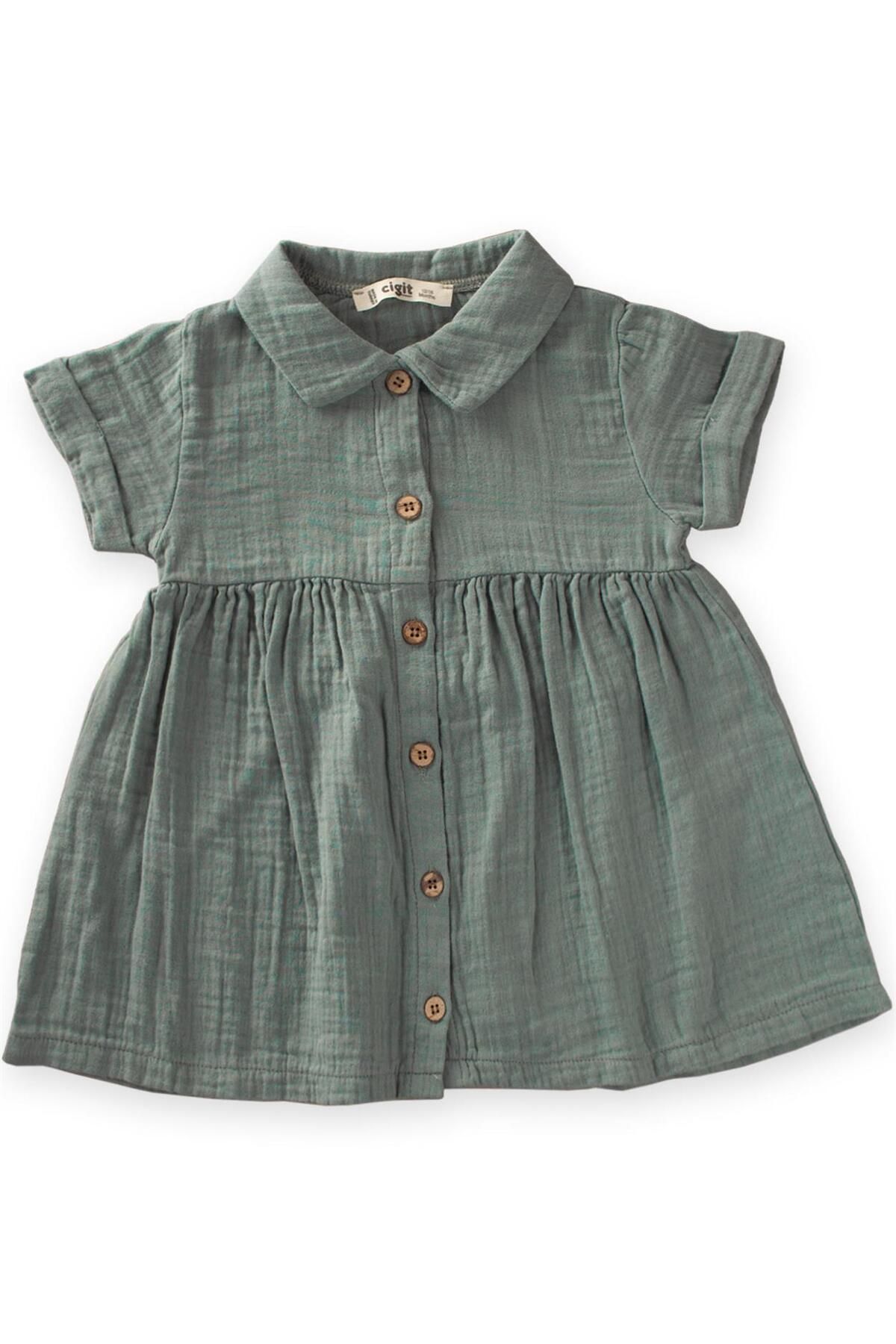 Cigit Bebe Yakalı Robası Büzgülü Müslin Elbise 1-7 Yaş Çağla Yeşili