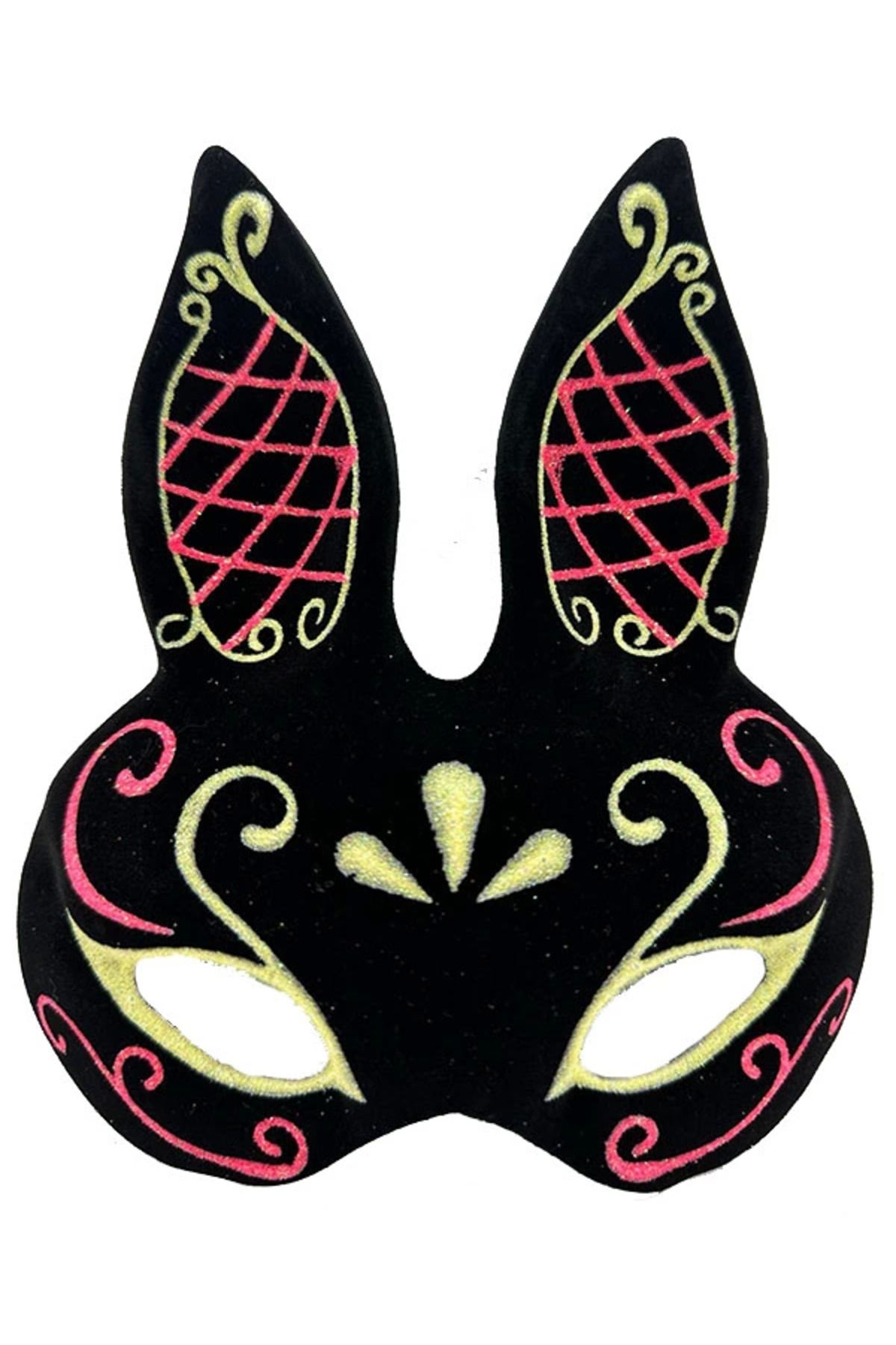 Genel Markalar Siyah Renk Kırmızı Gold Simli Siyah Süet Kaplama Tavşan Maskesi 18x16 Cm