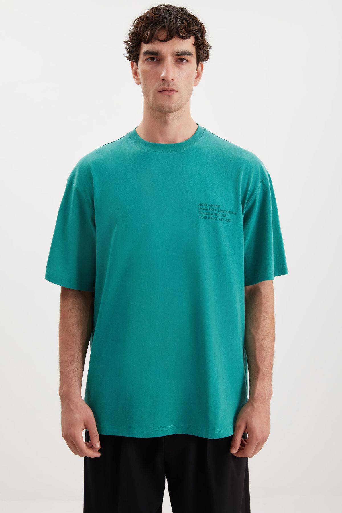 GRIMELANGE Darell Erkek Oversize Fit %100 Pamuk Kalın Dokulu Baskılı Yeşil T-shirt
