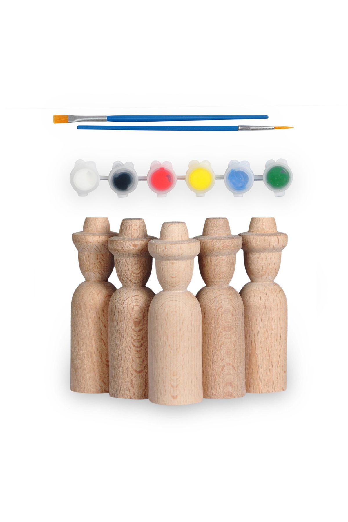 ALGWOOD Montessori Toys Ahşap El Yapımı Peg Bebek 6'lı Boyama Seti Fırça Boya Dahil -peg15-9,5cm