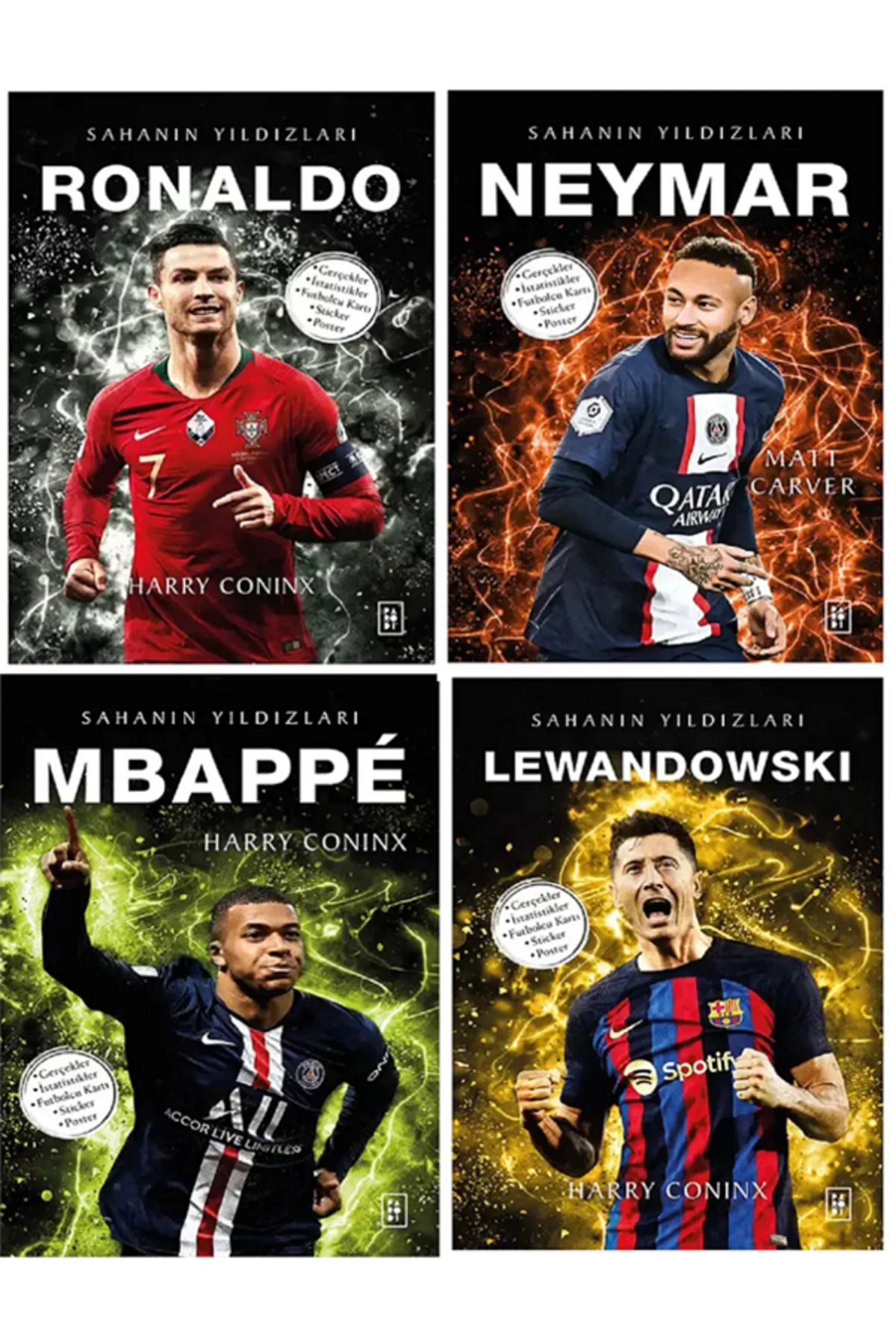 Dokuz Yayınları Sahanın Yıldızları RONALDO NEYMAR MBAPPE LEWANDOWSKI (Poster Sticker Futbolcu Kartı HEDİYE) 4 KİTAP