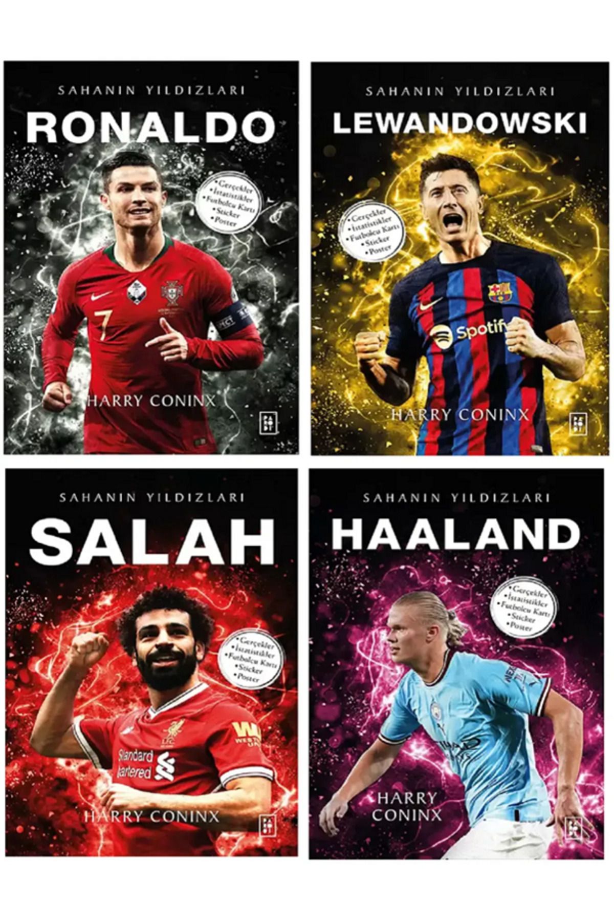 Dokuz Yayınları Sahanın Yıldızları RONALDO HAALAND SALAH LEWANDOWSKI (Poster Sticker Futbolcu Kartı HEDİYE) 4 KİTAP