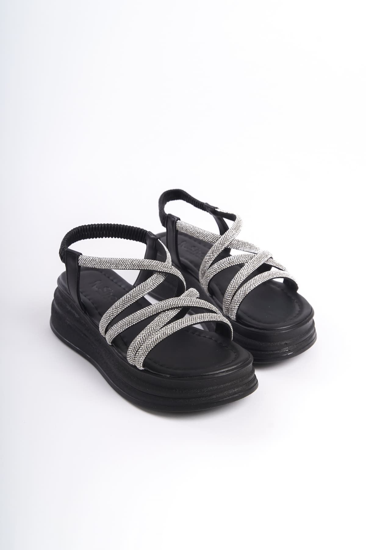 BZ Moda NINA  Lastikli Taşlı Şeritli Ortopedik Taban Kadın Sandalet ST Siyah