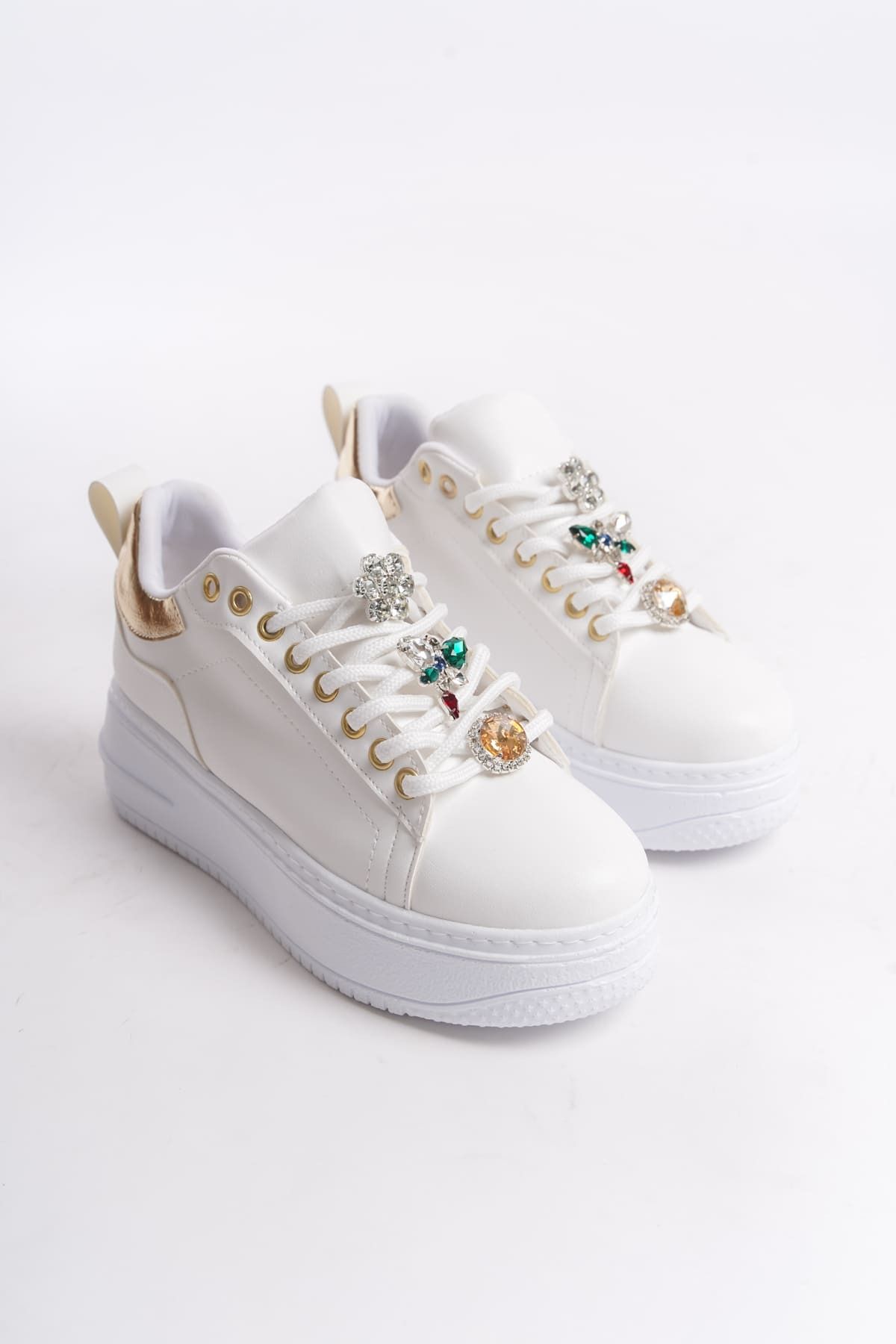 BZ Moda ISABELLA Bağcıklı Ortopedik Taban Renkli Taş Dekorlu Kadın Sneaker Ayakkabı BT Beyaz/Altın