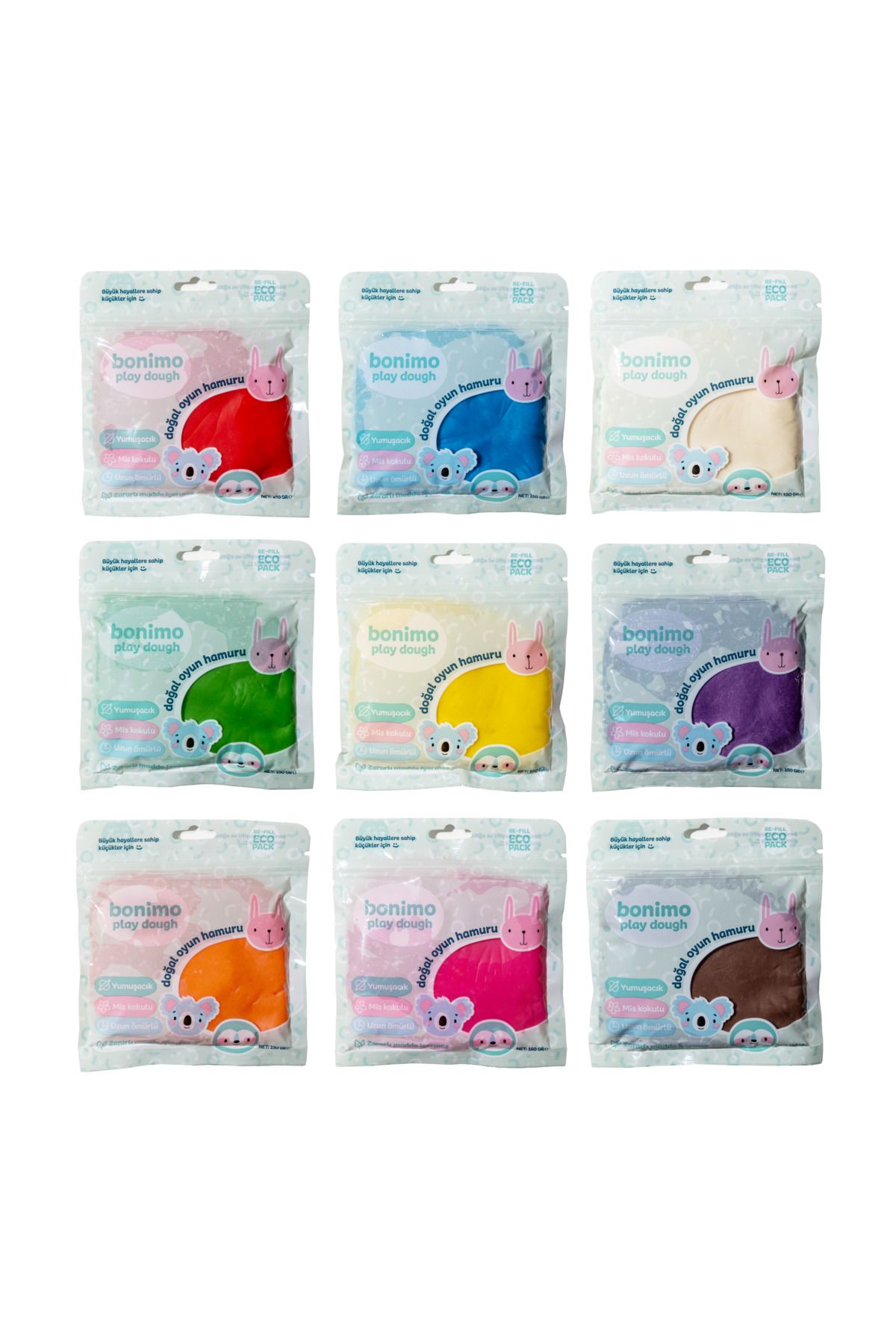 Bonnie Play Dough Doğal Oyun Hamuru 9'lu Kartuş Paket Set (Eco-pack Refill) 9*150gr