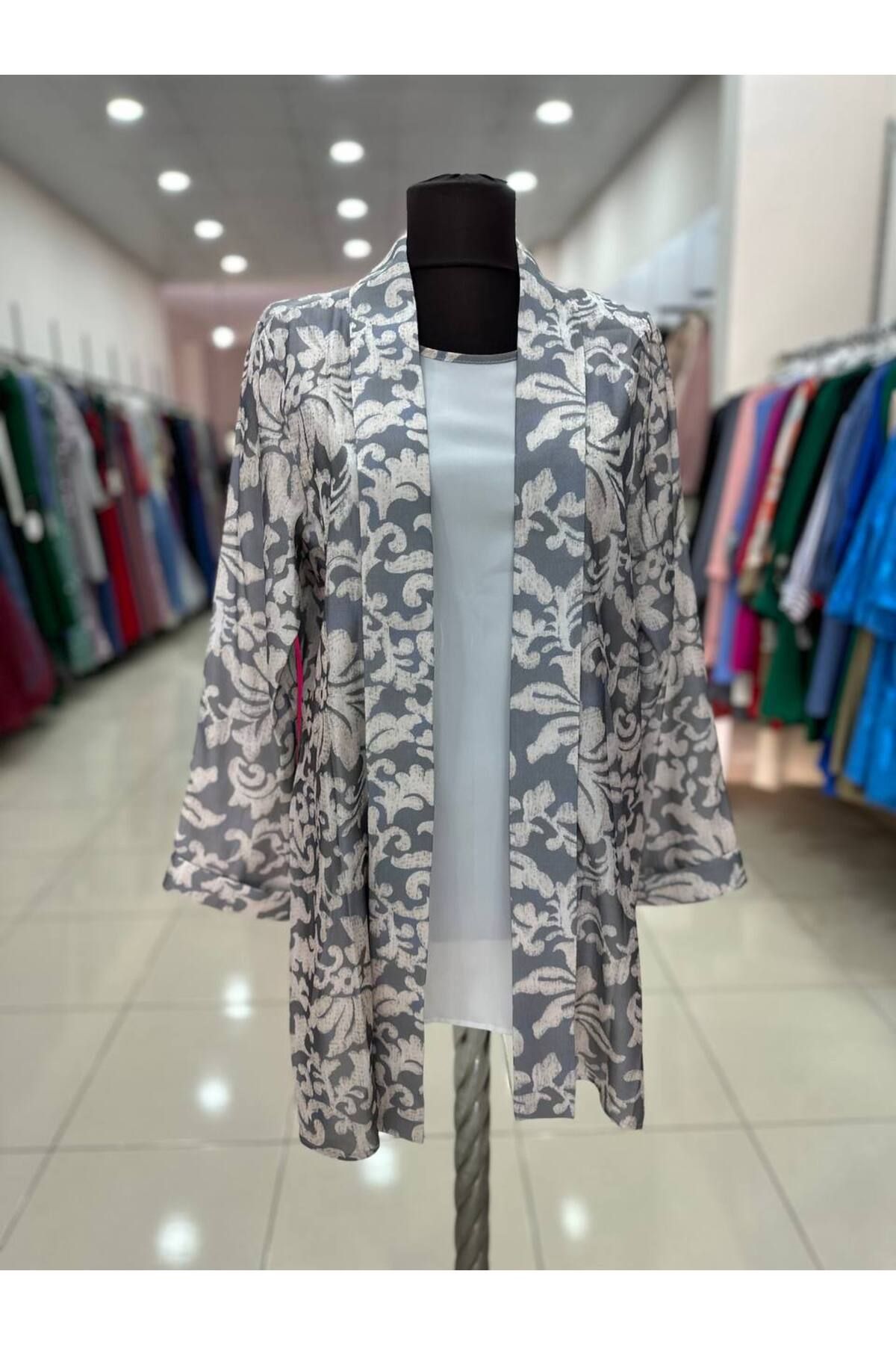 İklim Kadın İçi Kolsuz Bluz Ceket İkili Gri Takım