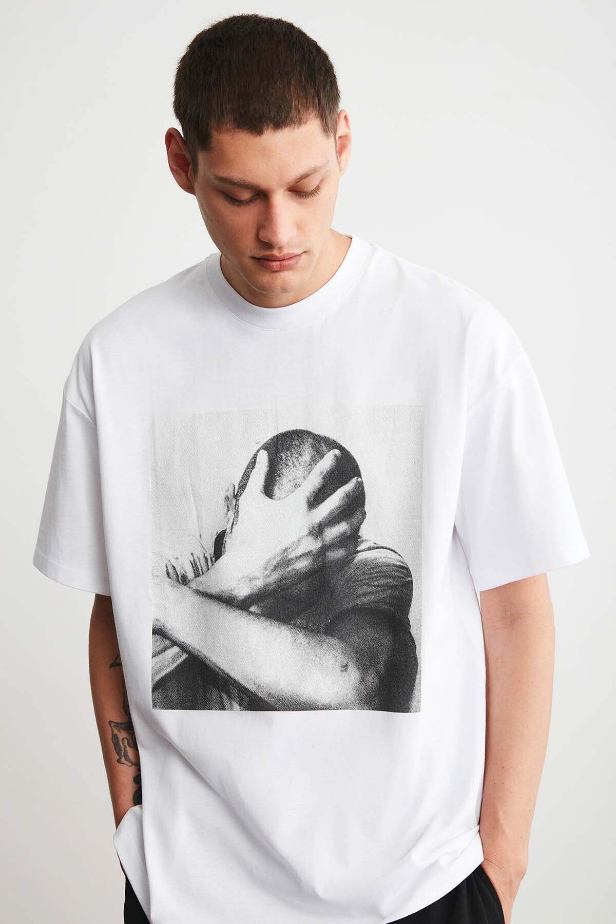 GRIMELANGE Elvıs Erkek Oversize Fit %100 Pamuk Kalın Dokulu Baskılı Beyaz T-shirt
