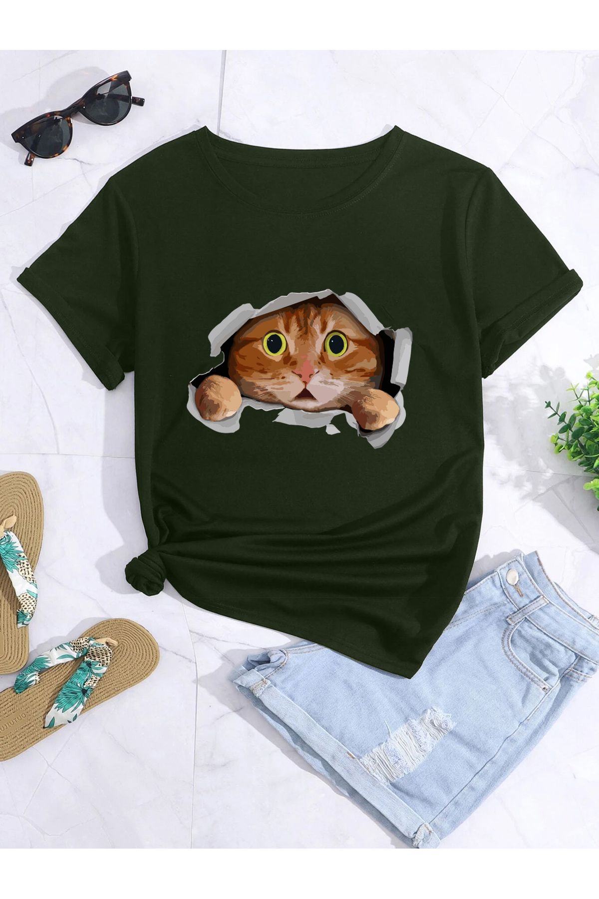 PENTHİLUS şaşırmış kedi baskılı T-shirt büyük beden