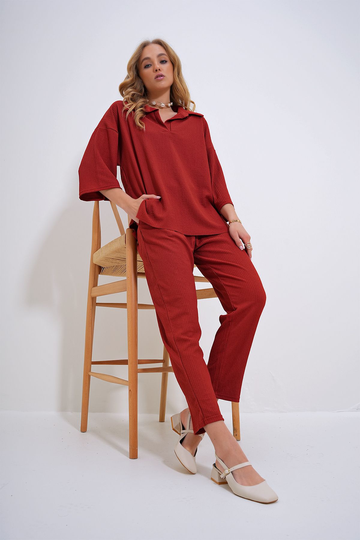 Trend Alaçatı Stili Kadın Kiremit Oversize Gömlek Yaka Bluz Ve Yüksek Bel Pantolon Takım ALC-X12217