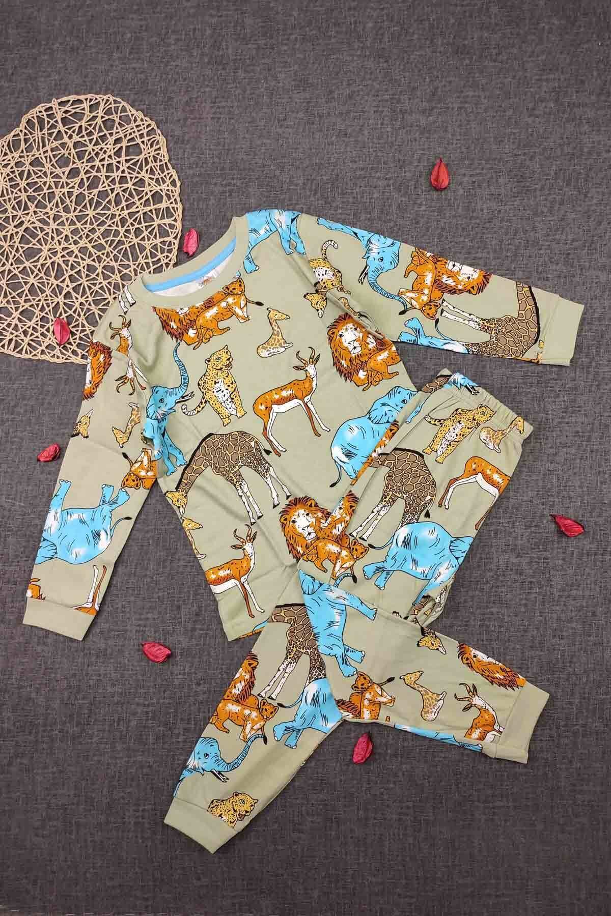 Peki Çocuk 5 Al 4 Öde Yumusak Pamuklu Orman Tema Pijama Takimi Aslan Leopar Fil Zürafa Ceylan Geyik 15065