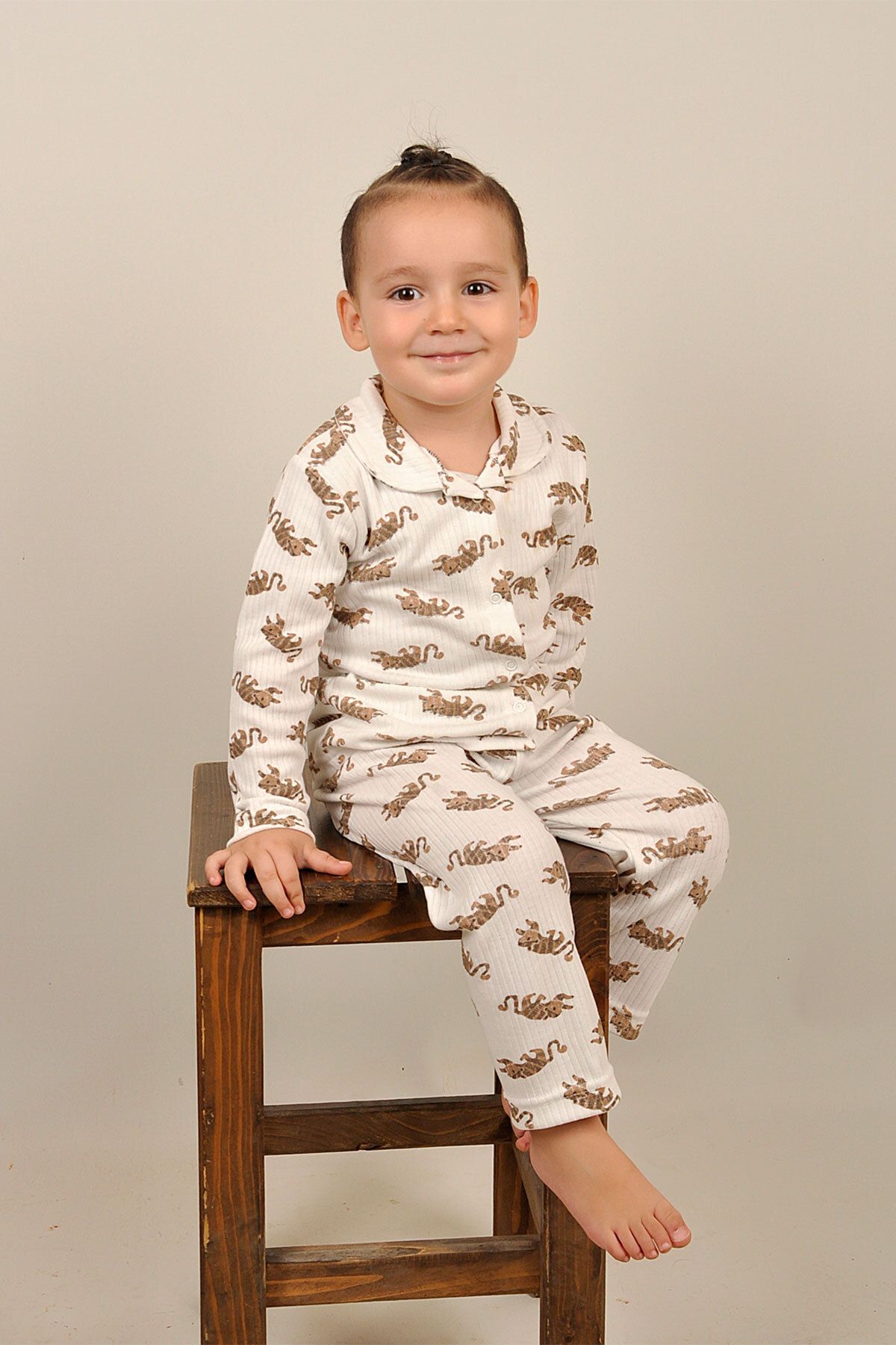 Peki Çocuk Bebek Yumusak Nefes Alan Terletmez Pamuklu Kaplan Desenli Çitçit Bebe Yaka Pijama Takimi 14809