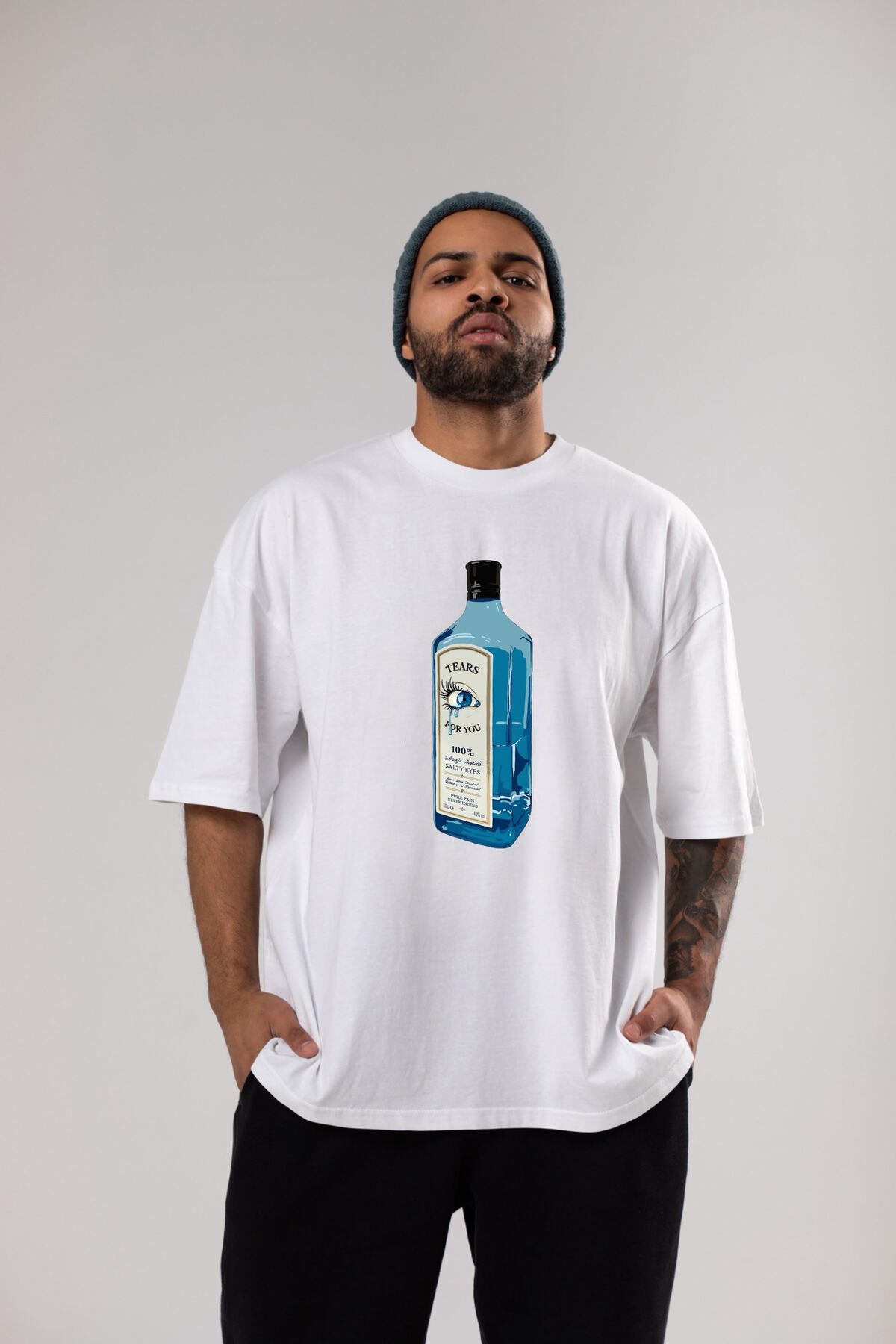 diana store Tears Bottle Gözyaşı Şişesi Baskılı Beyaz Kısa Kollu Unisex Oversize Tişört