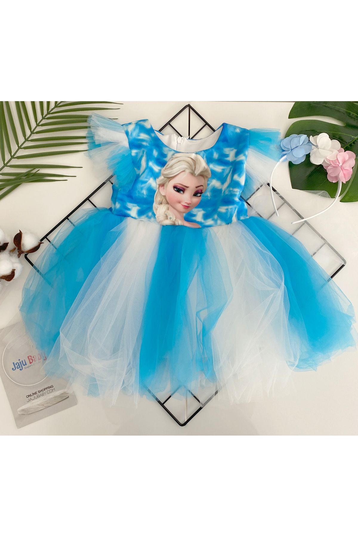 Jaju Baby Kız Çocuk Elsa Mavi Tüllü Elbise Ve Taç