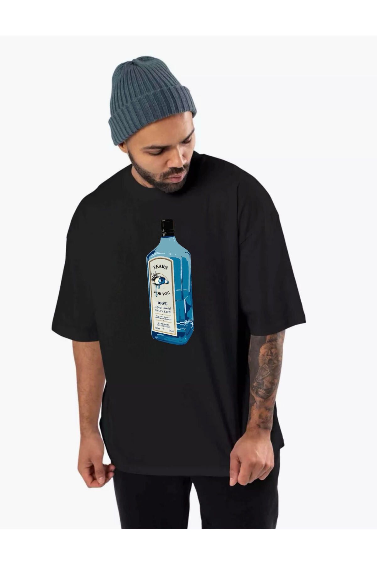 diana store Tears Bottle Gözyaşı Şişesi Baskılı Siyah Kısa Kollu Unisex Oversize Tişört