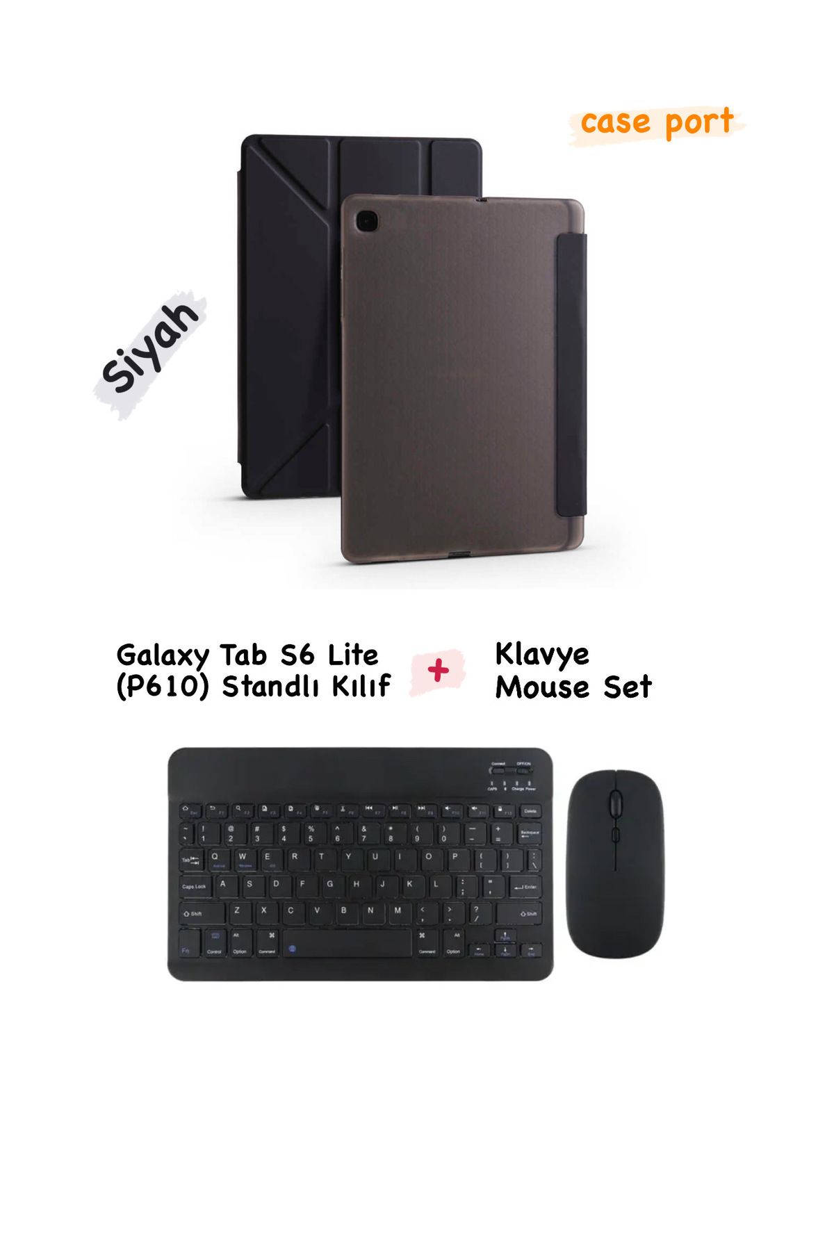 case port Galaxy Tab S6 Lite (P610) Uyumlu Bluetooth Klavye Mouse Set Standlı Kılıf