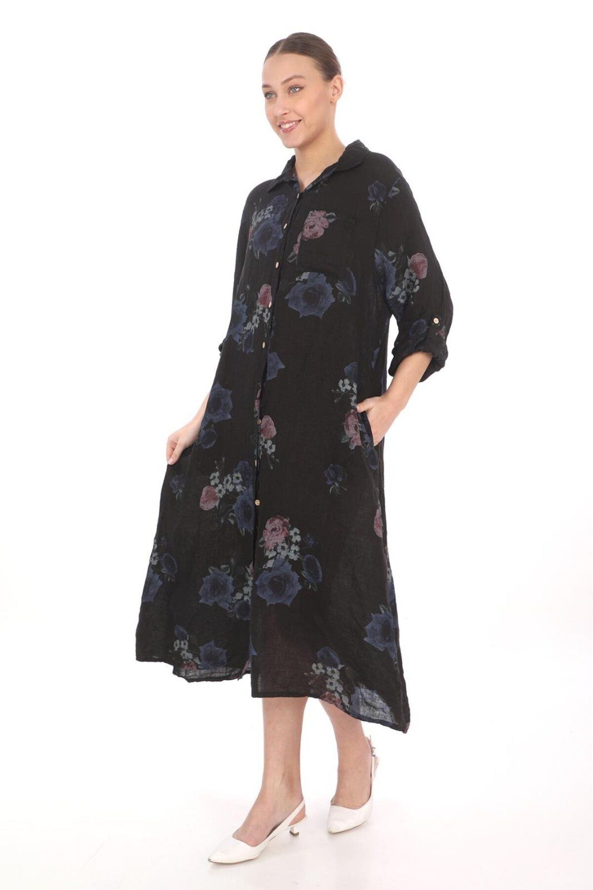 Bohem Stil Bohomiyan  İtalyan Uzun Dijital Çiçek Baskılı Keten Gömlek Elbise & Kap