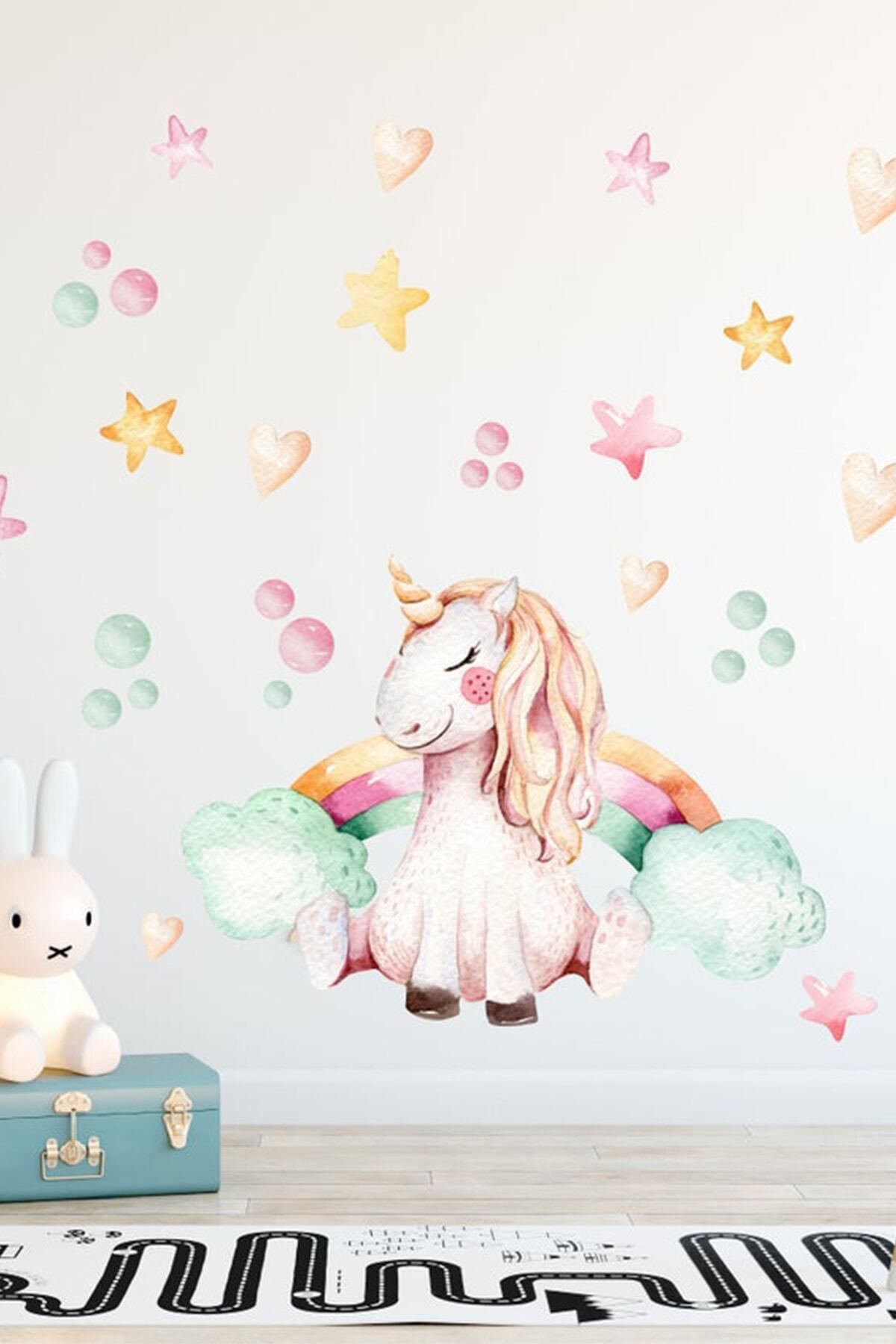 Kt Grup Kız Çocuk Odası Unicorn Rüyası Renkli Puantiye Yıldızlar Ve Kalpler Duvar Sticker Seti