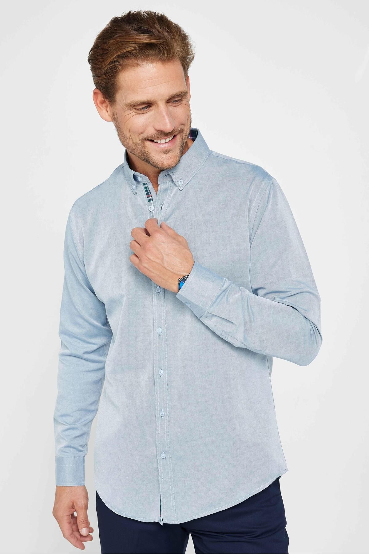 Tudors Slim Fit Uzun Kollu Düğmeli Yaka Pamuklu Kolay Ütü Düz Erkek Gömlek