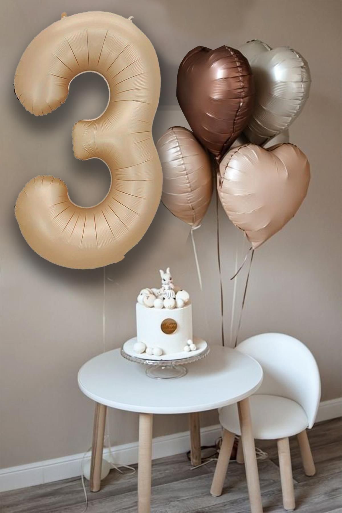 PEKSHOP Retro Krem Karamel Kahve Kalpli Yaş Rakam Balon Seti Retro Doğum Günü Yaş Balon Seti