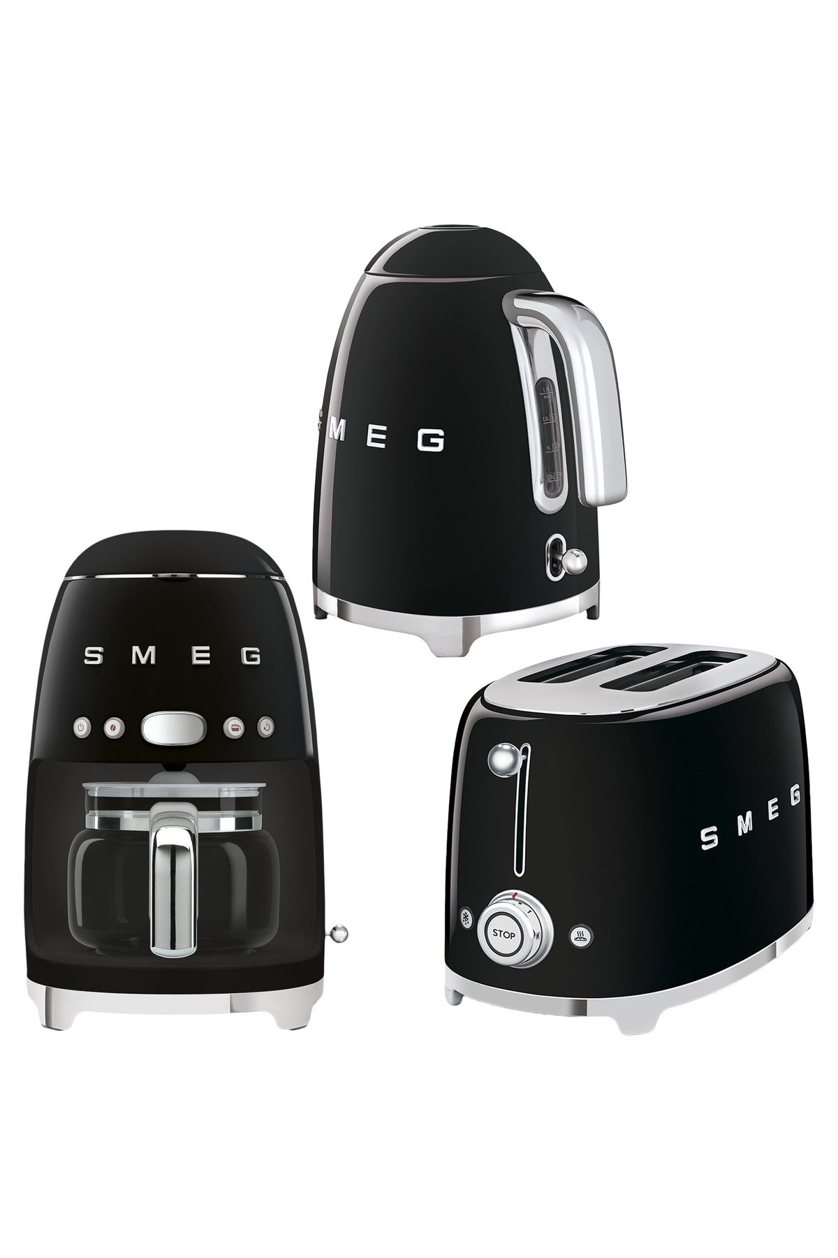 Smeg 50's Style Siyah Kettle - 1x2 Ekmek Kızartma Makinesi Ve Filtre Kahve Makine Seti