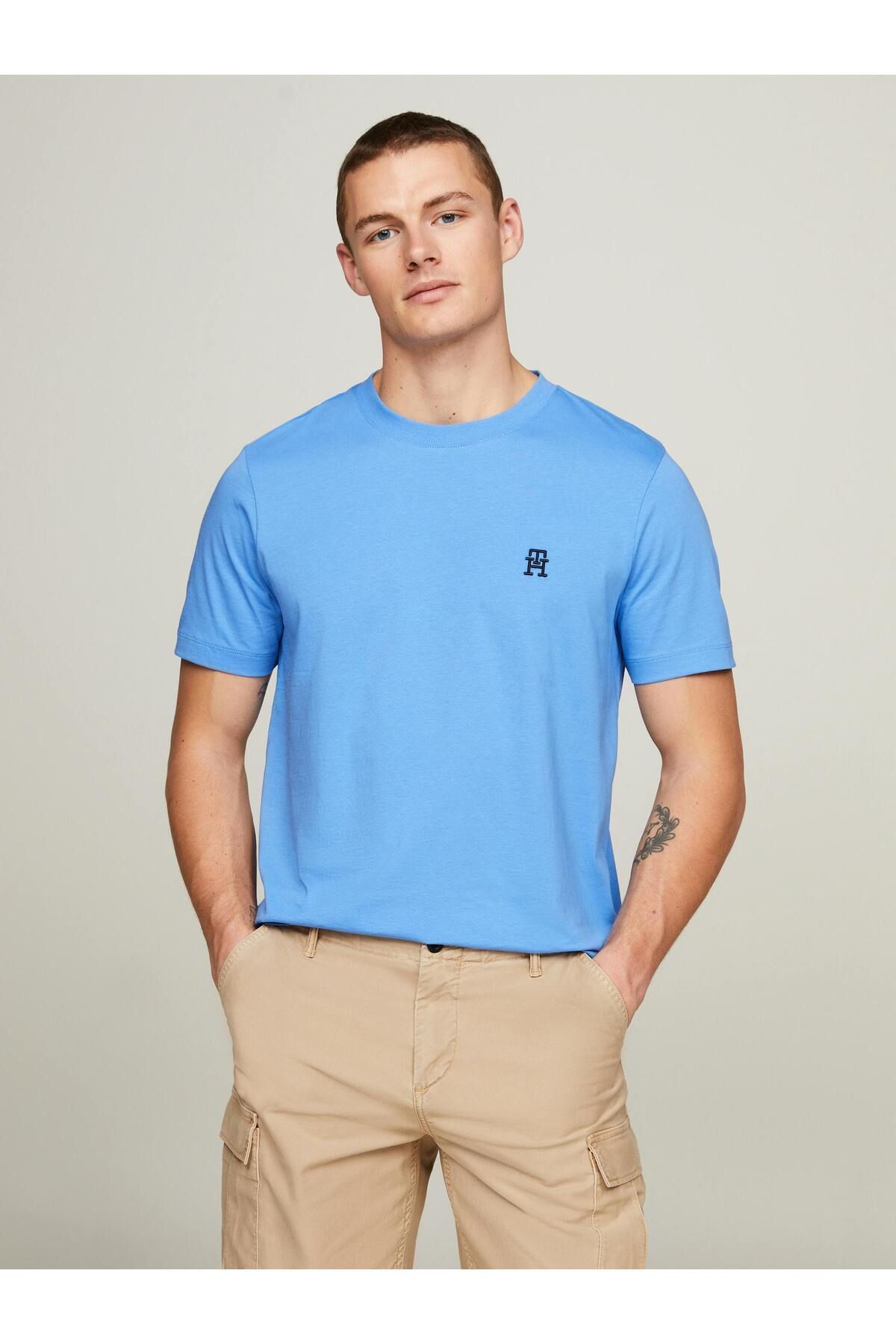 Tommy Hilfiger Erkek Dokuma Kumaş Kısa Kol Düz Model Mavi T-Shirt MW0MW33987-DW5
