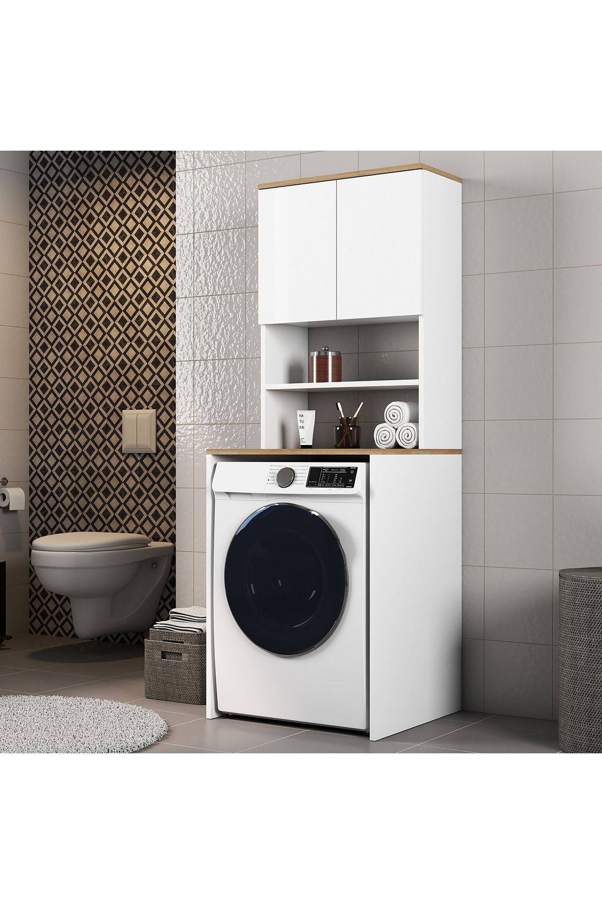 FERNISO Çamaşır Makinesi Dolabı Kapaklı Banyo Dolabı ALT ÜST BEYAZ CAM