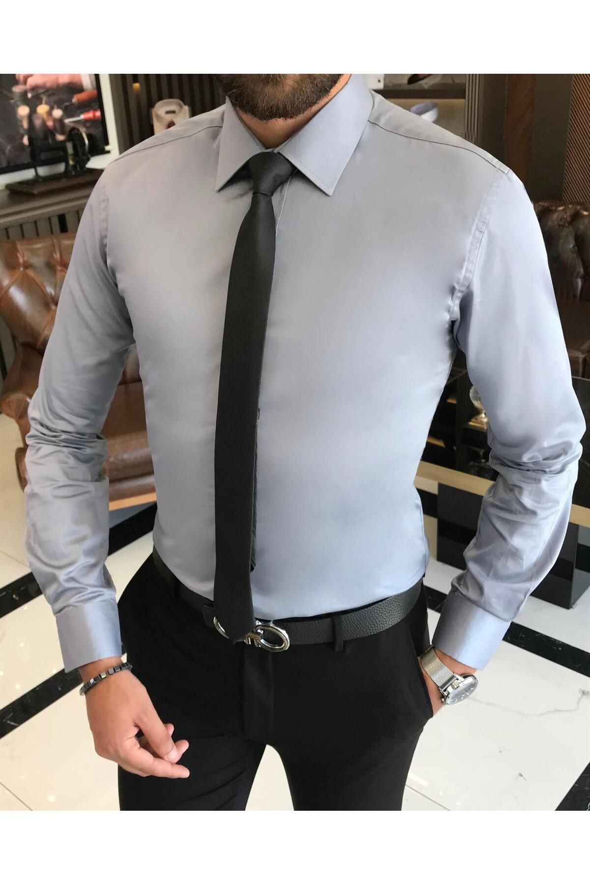 TerziAdemAltun İtalyan stil slim fit saten pamuk erkek kravat yaka gömlek Gri T9428