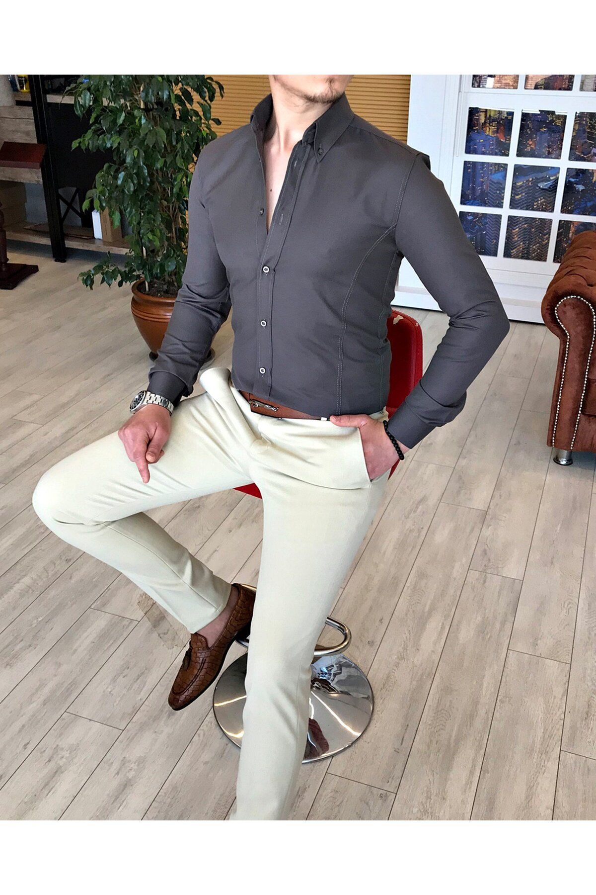 TerziAdemAltun Italyan Stil Slim Fit Dik Yaka Saten Erkek Gömlek Koyu Gri T4737