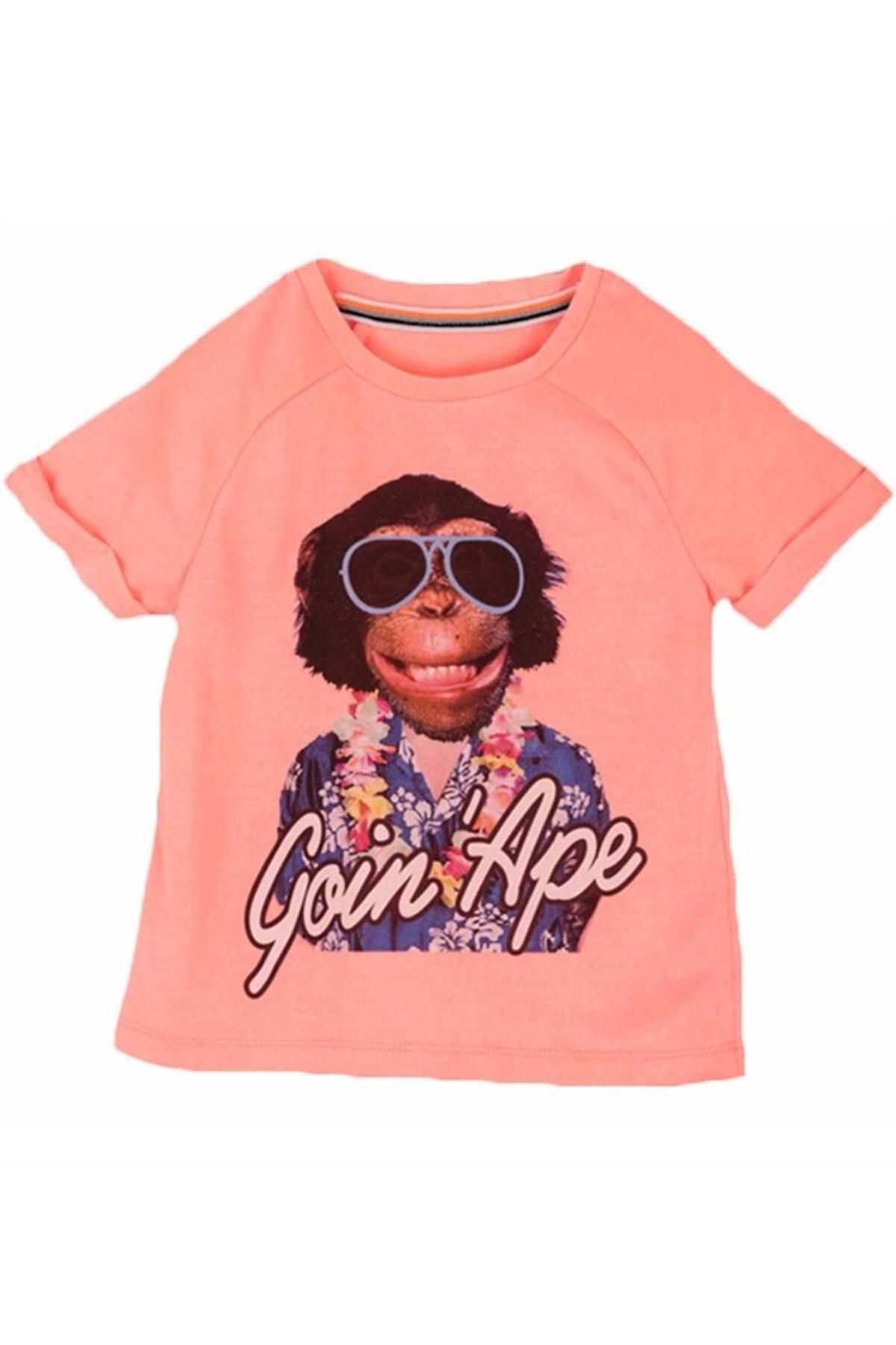 Mamino Erkek Çocuk Maymun Desenli T-shirt 8715 Pembe
