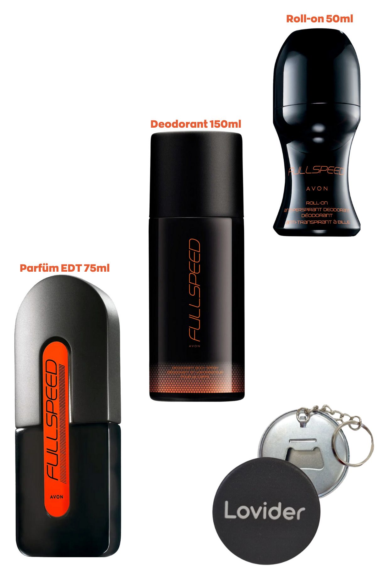 Avon Full Speed Erkek Set; Parfüm 75ml + Roll-on 50ml + Deodorant 150ml + Lovider Anahtarlık