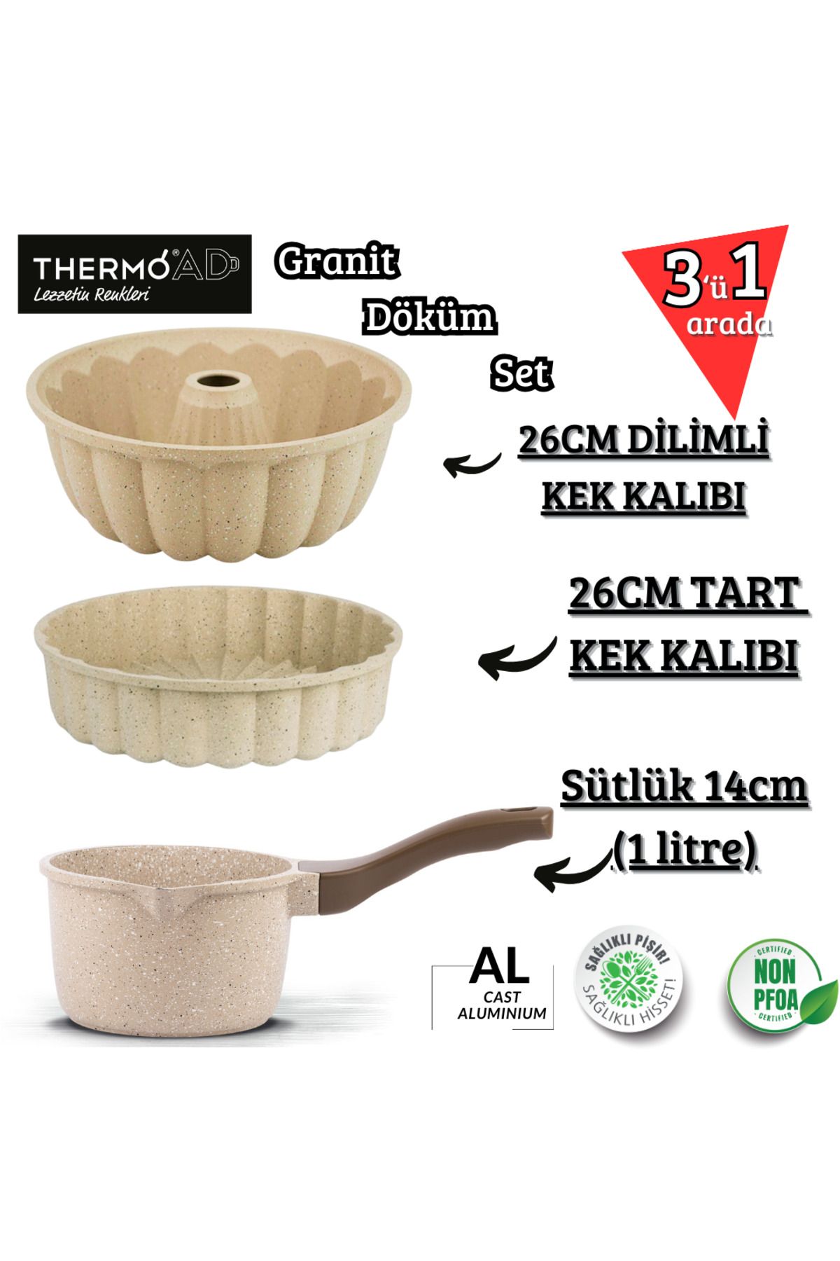 ThermoAD Alüminyum Döküm 3'lü Set Sütlük , Dilimli Ve Tart Kek Kalıbı (VİZON) 26 Cm Sık Dilimli Granit