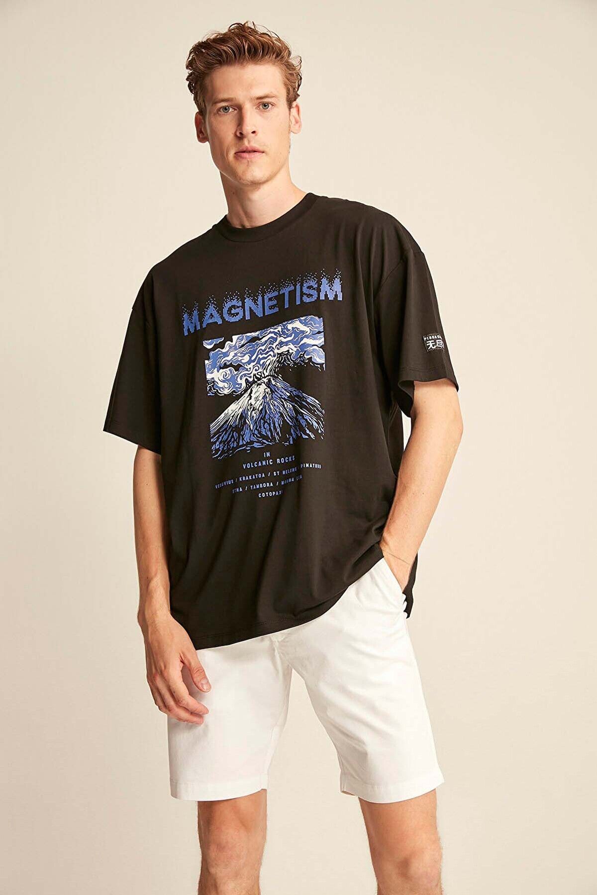 GRIMELANGE Maddox Erkek Oversize Fit %100 Pamuk Kalın Dokulu Baskılı Siyah T-shirt