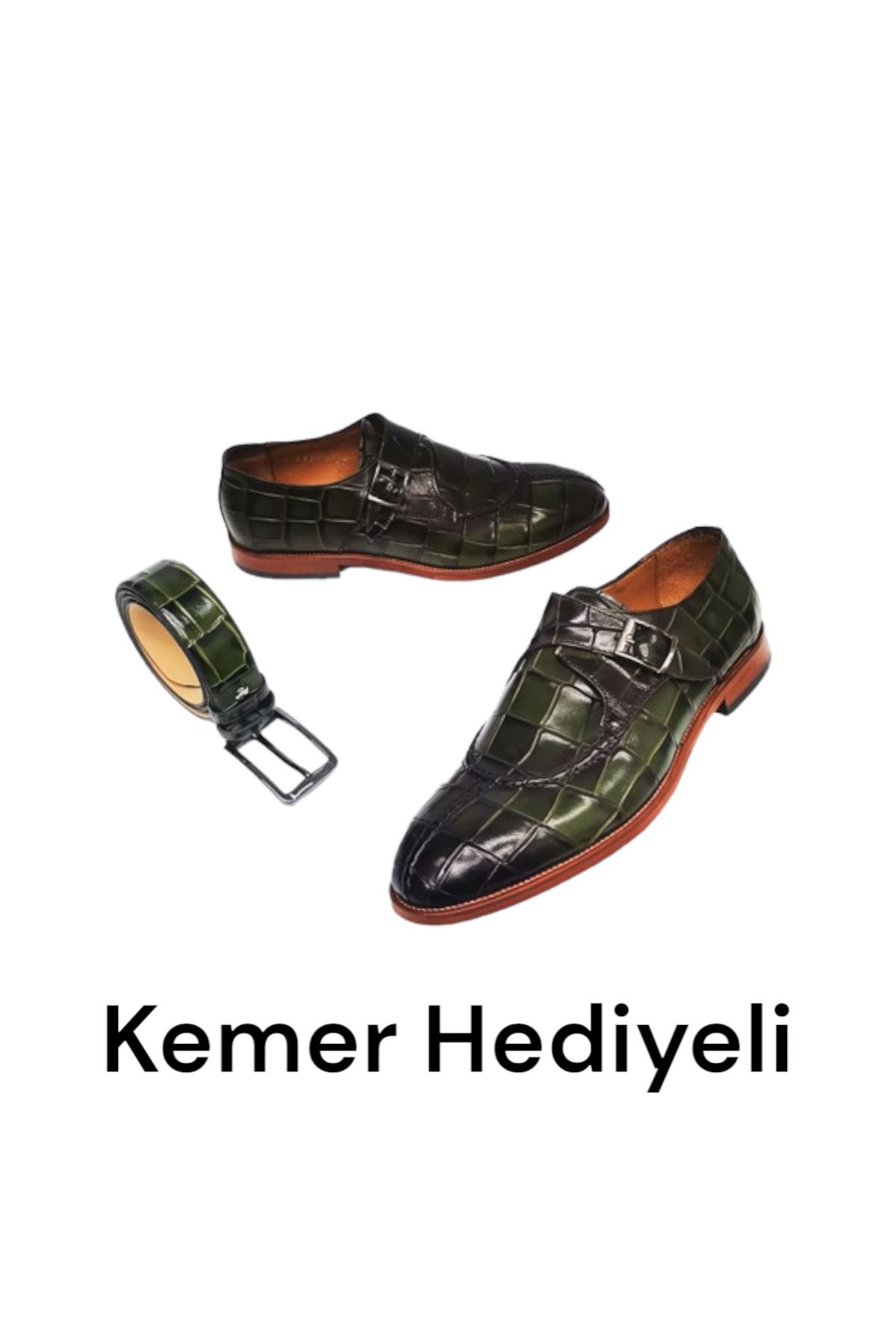 CassidoShoes Hakiki Deri Özel Tasarım Toka Detaylı Haki Erkek Ayakkabı Ve Kemer Set 023-43254