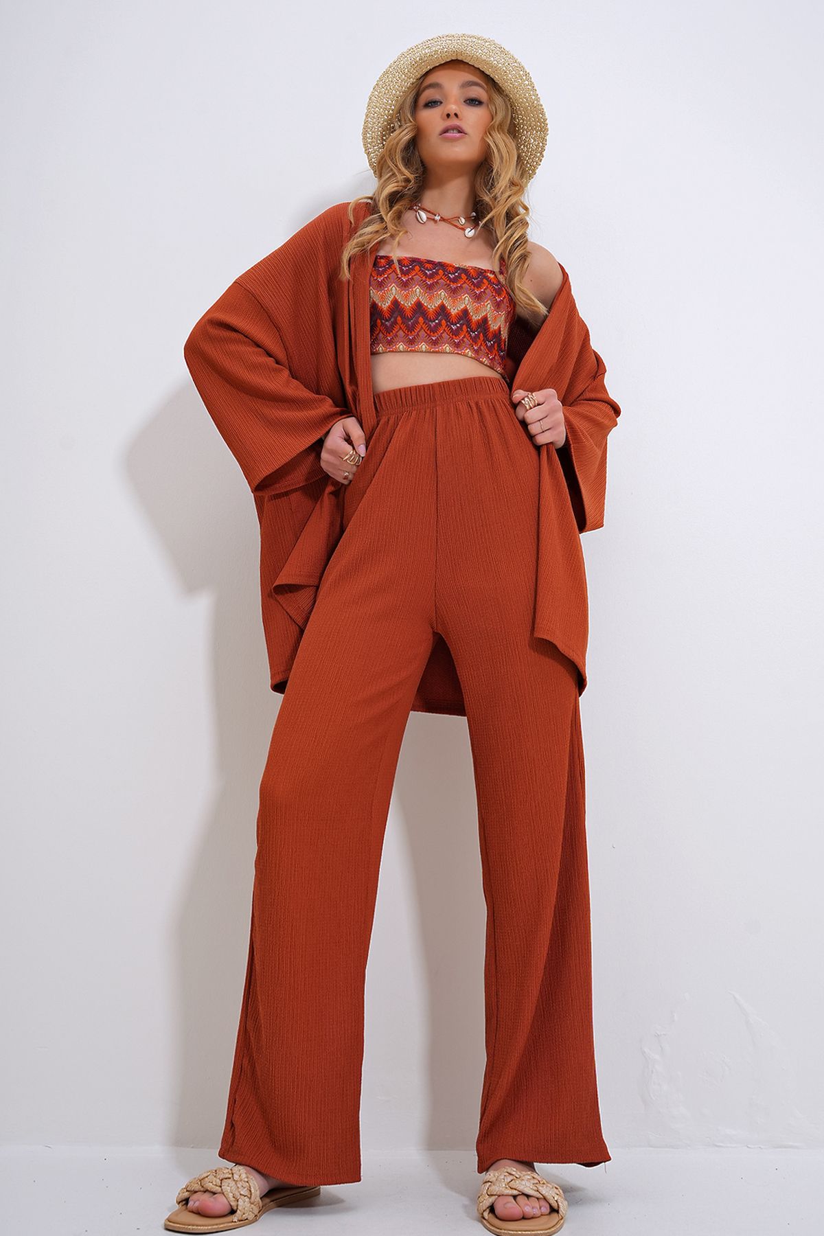 Trend Alaçatı Stili Kadın Kiremit Rahat Kesim Bürümcük Kumaş Kimono Ve Pantolon İkili Takım ALC-X12219